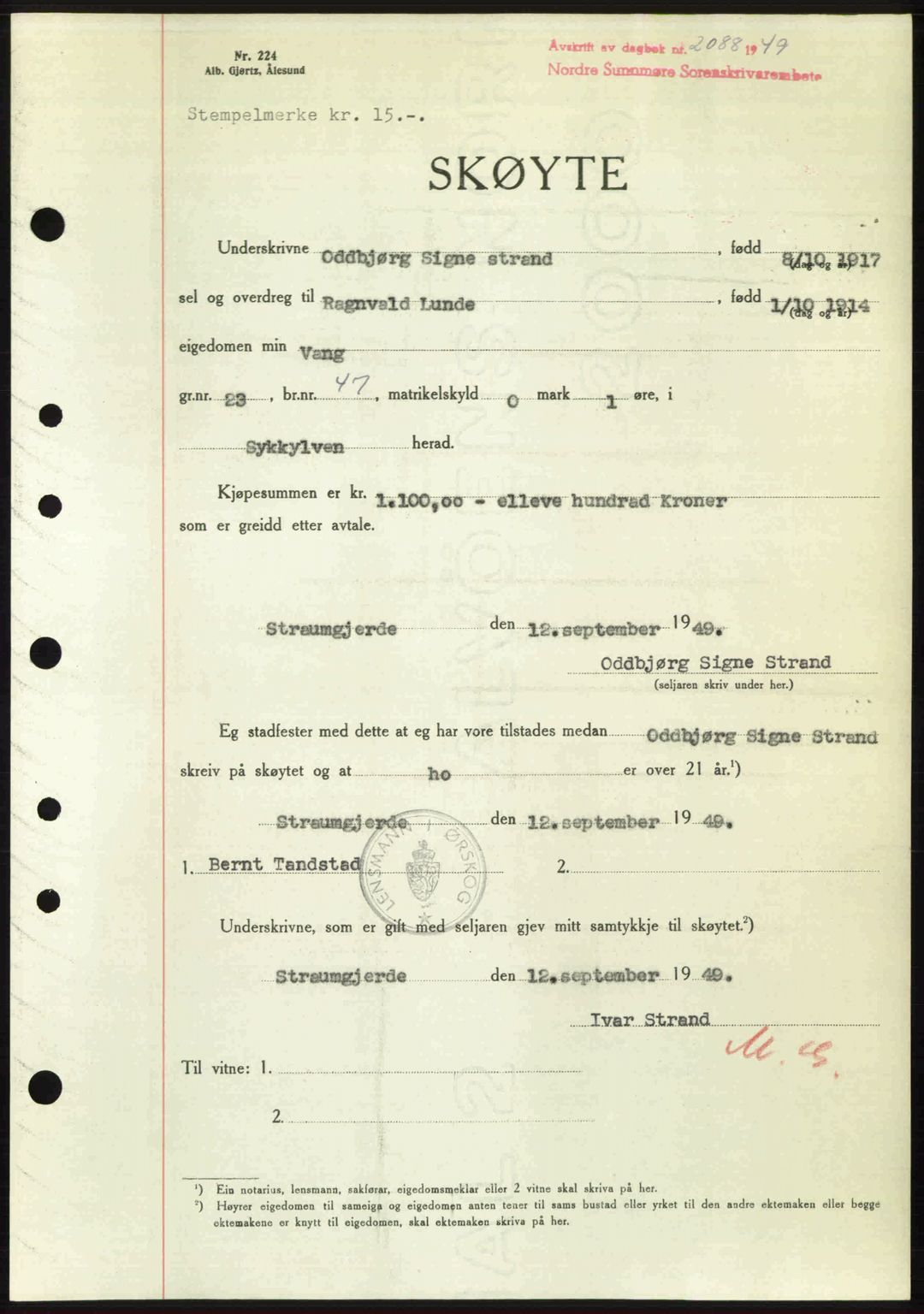 Nordre Sunnmøre sorenskriveri, AV/SAT-A-0006/1/2/2C/2Ca: Mortgage book no. A32, 1949-1949, Diary no: : 2088/1949