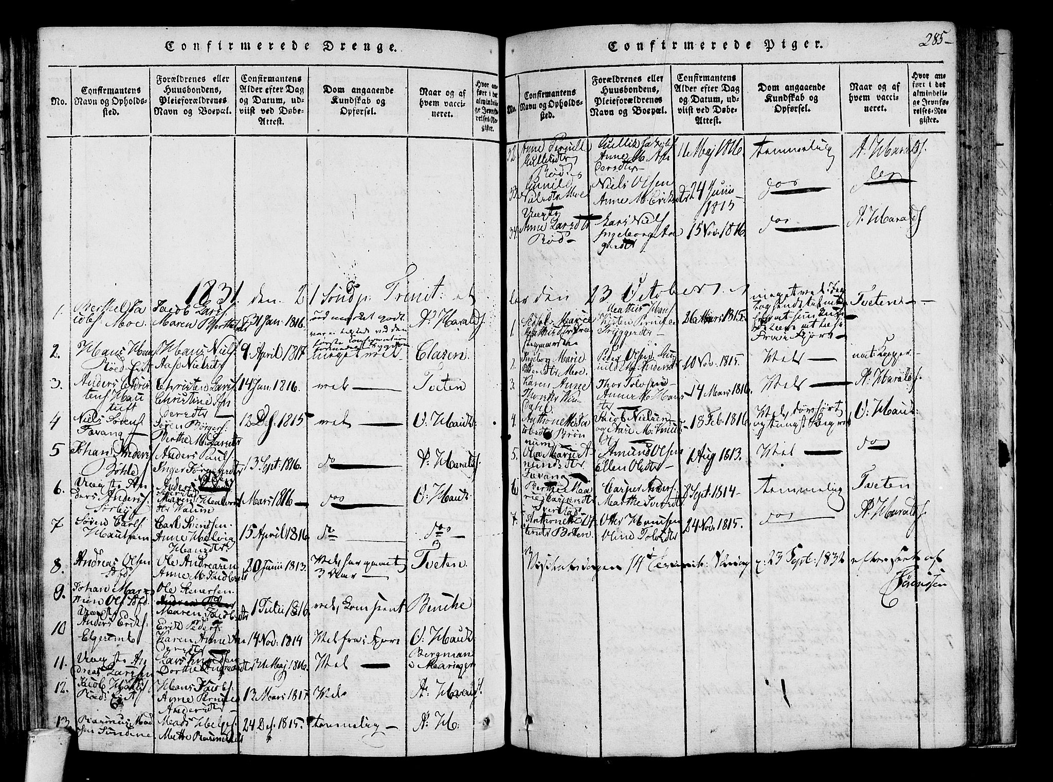 Sandar kirkebøker, SAKO/A-243/F/Fa/L0004: Parish register (official) no. 4, 1814-1832, p. 285