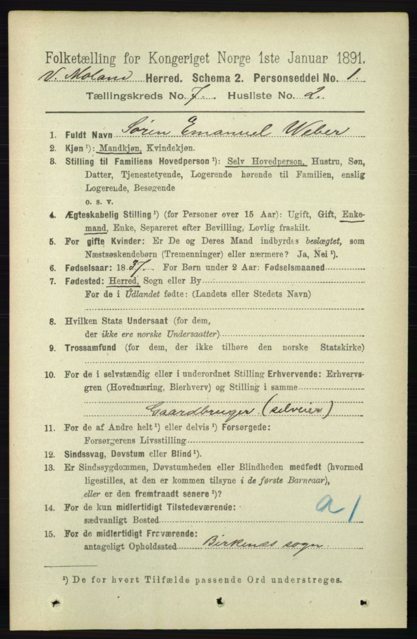 RA, 1891 census for 0926 Vestre Moland, 1891, p. 2803