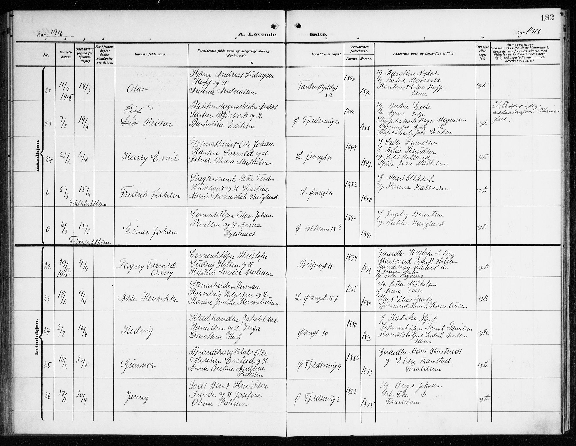 Korskirken sokneprestembete, AV/SAB-A-76101/H/Haa: Parish register (official) no. B 10, 1909-1923, p. 182