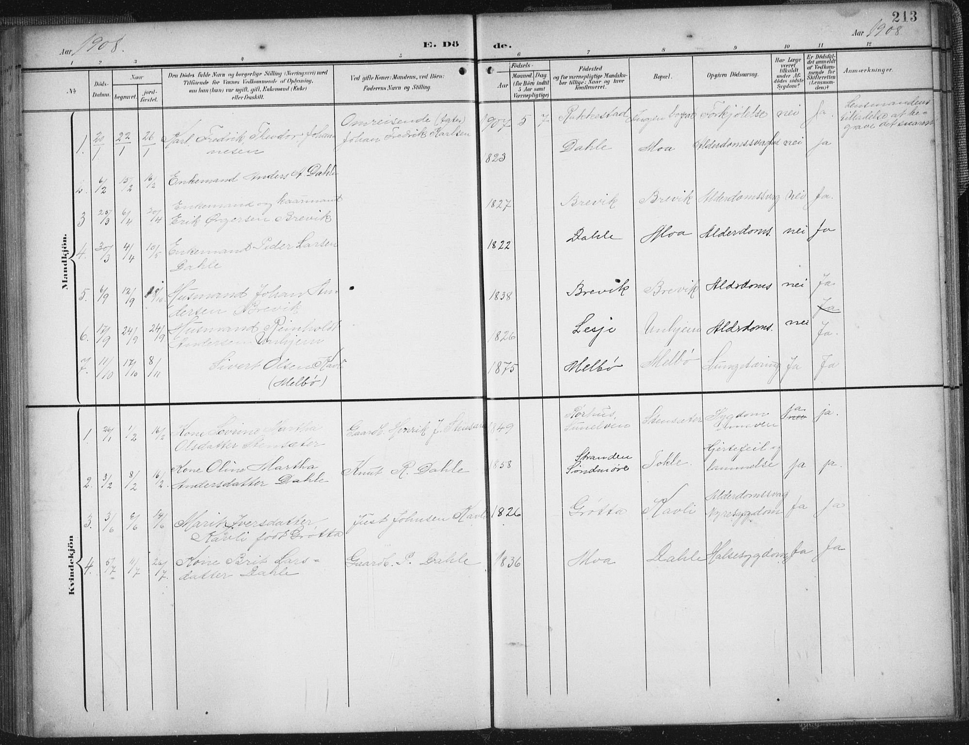 Ministerialprotokoller, klokkerbøker og fødselsregistre - Møre og Romsdal, SAT/A-1454/545/L0589: Parish register (copy) no. 545C03, 1902-1937, p. 213