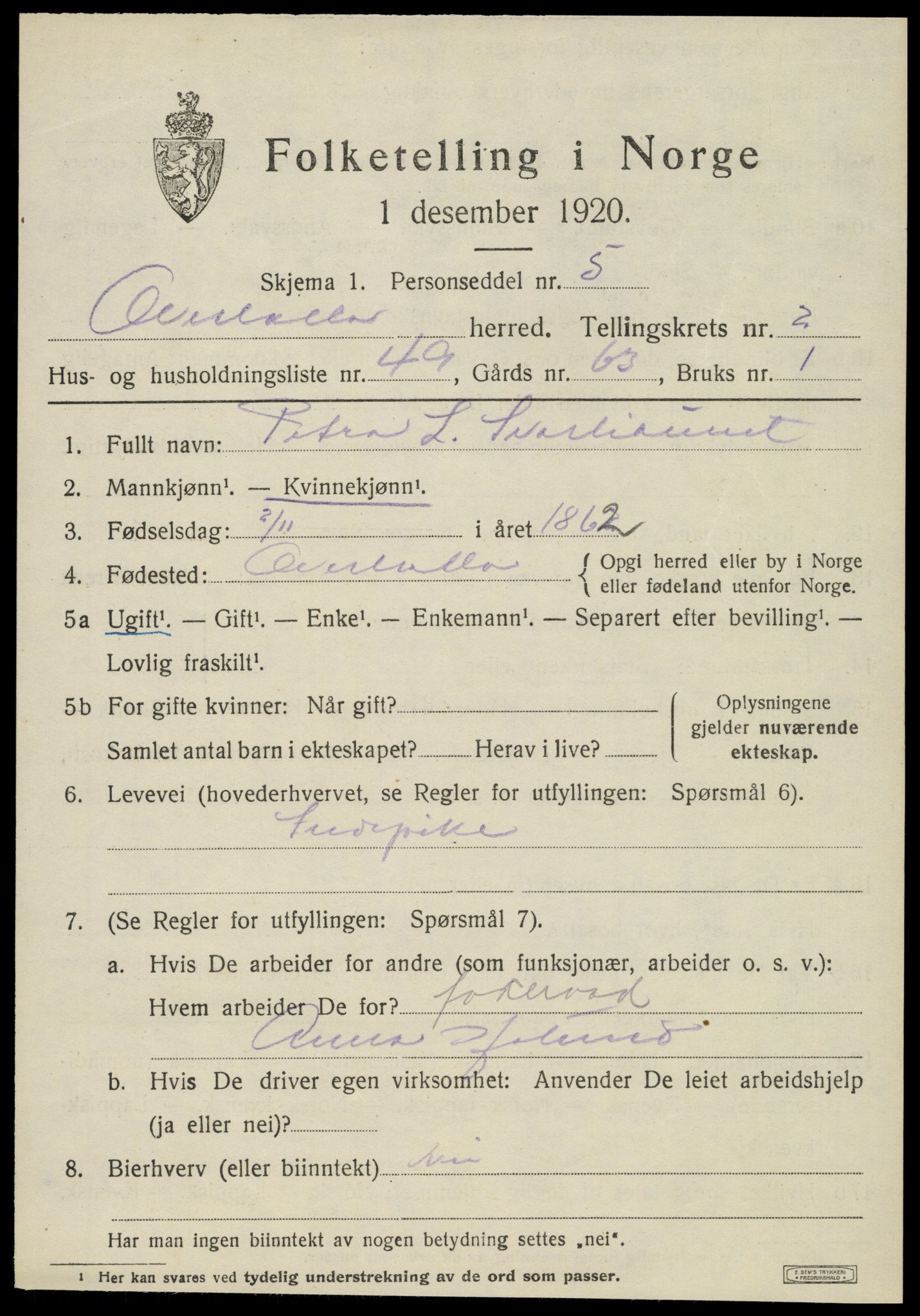 SAT, 1920 census for Overhalla, 1920, p. 2038