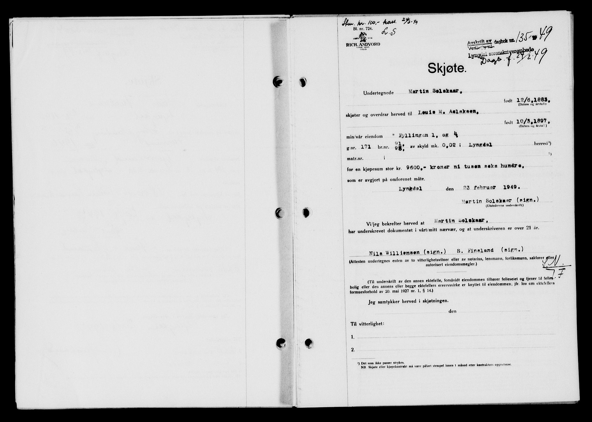 Lyngdal sorenskriveri, AV/SAK-1221-0004/G/Gb/L0663: Mortgage book no. A IX, 1948-1949, Diary no: : 135/1949