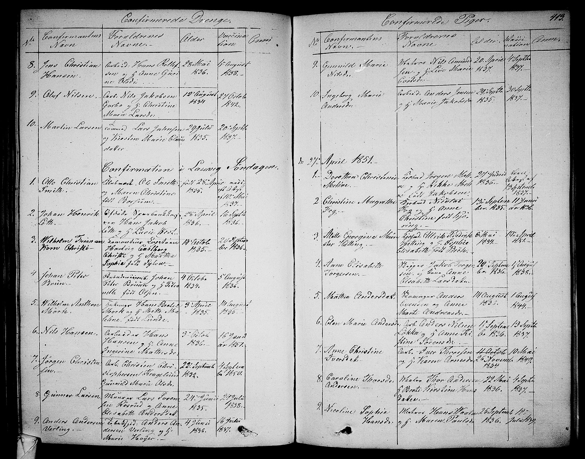 Larvik kirkebøker, AV/SAKO-A-352/G/Ga/L0003b: Parish register (copy) no. I 3B, 1830-1870, p. 413