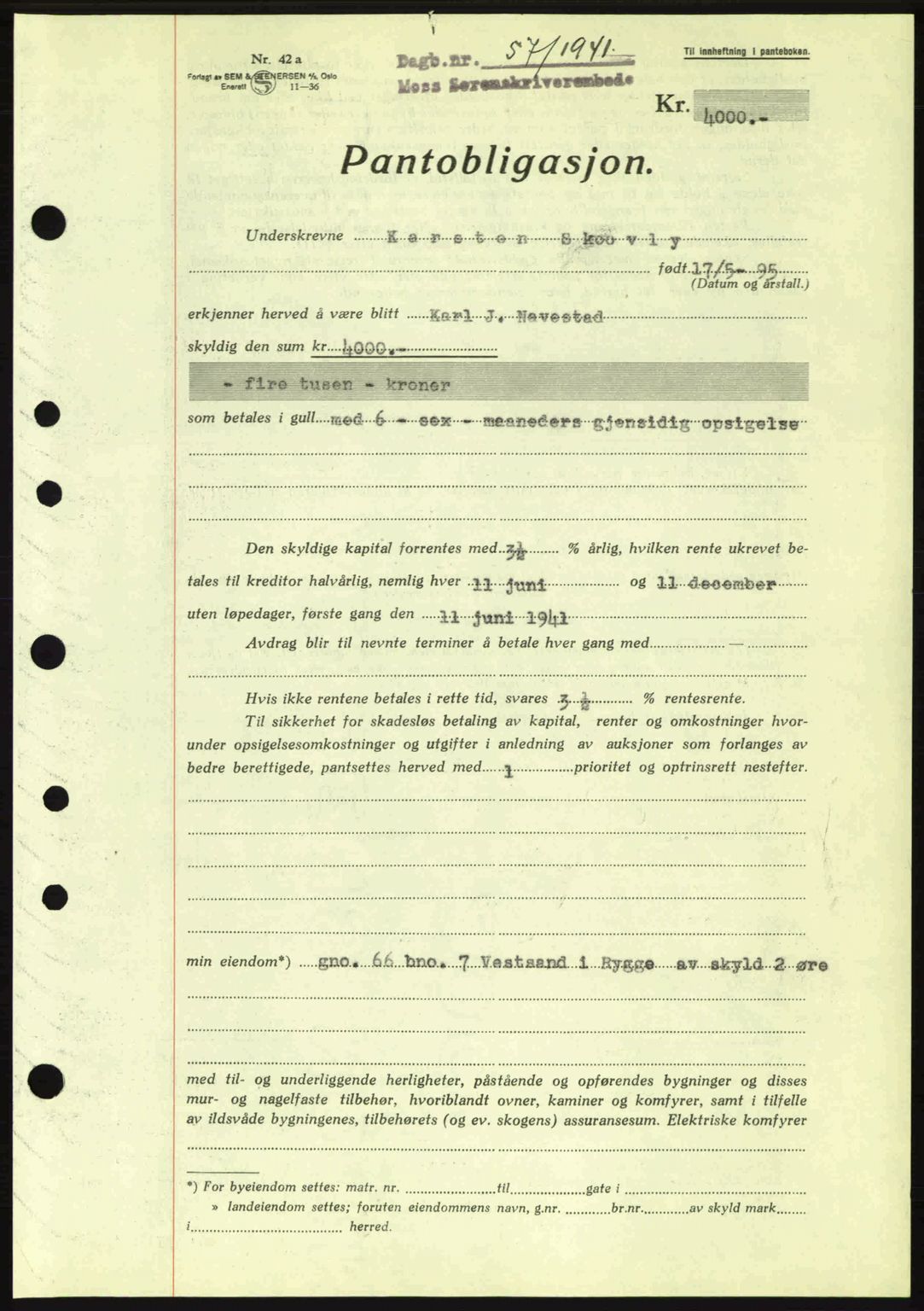 Moss sorenskriveri, SAO/A-10168: Mortgage book no. B10, 1940-1941, Diary no: : 57/1941