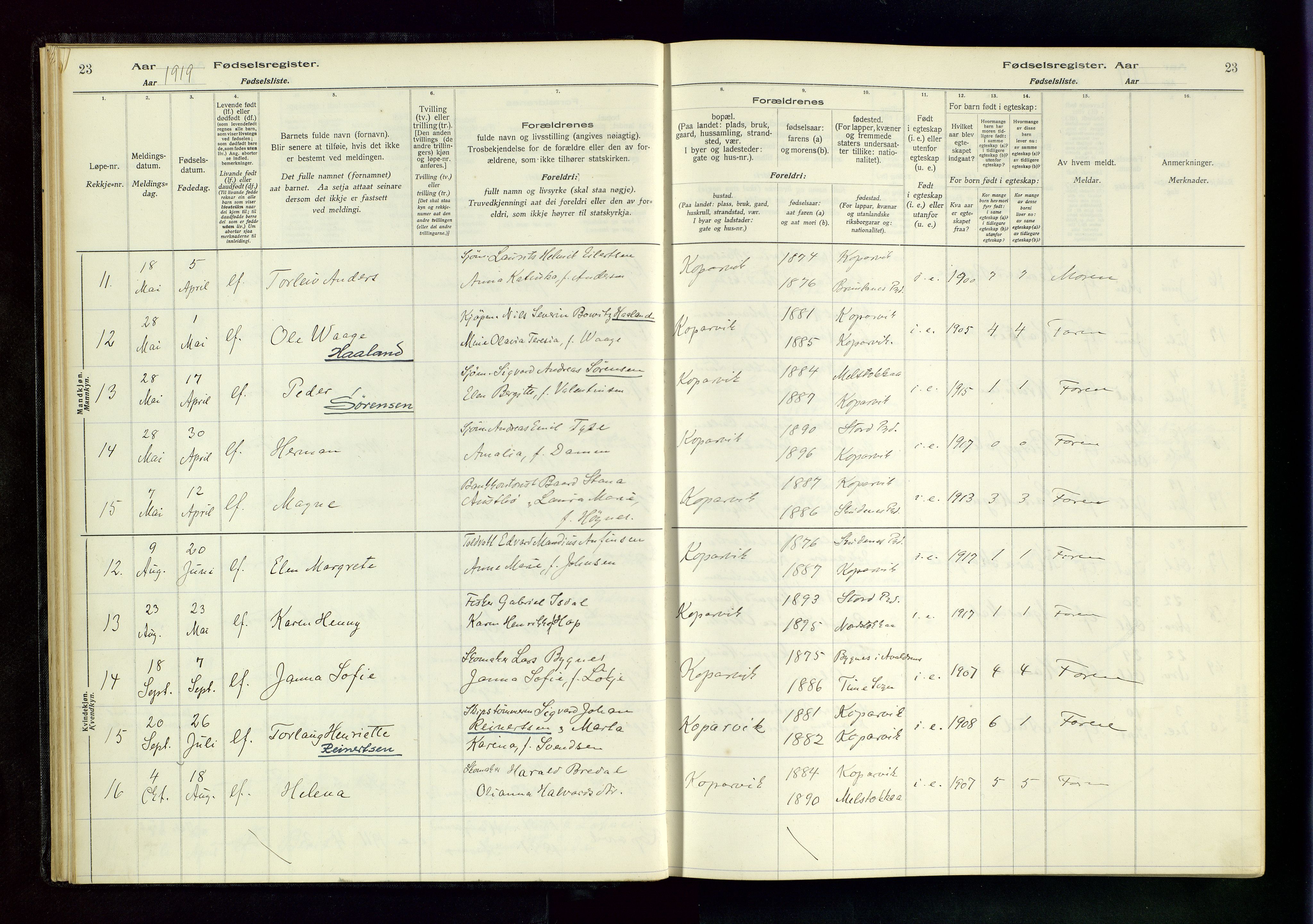 Kopervik sokneprestkontor, SAST/A-101850/I/Id/L0001: Birth register no. 1, 1916-1952, p. 23