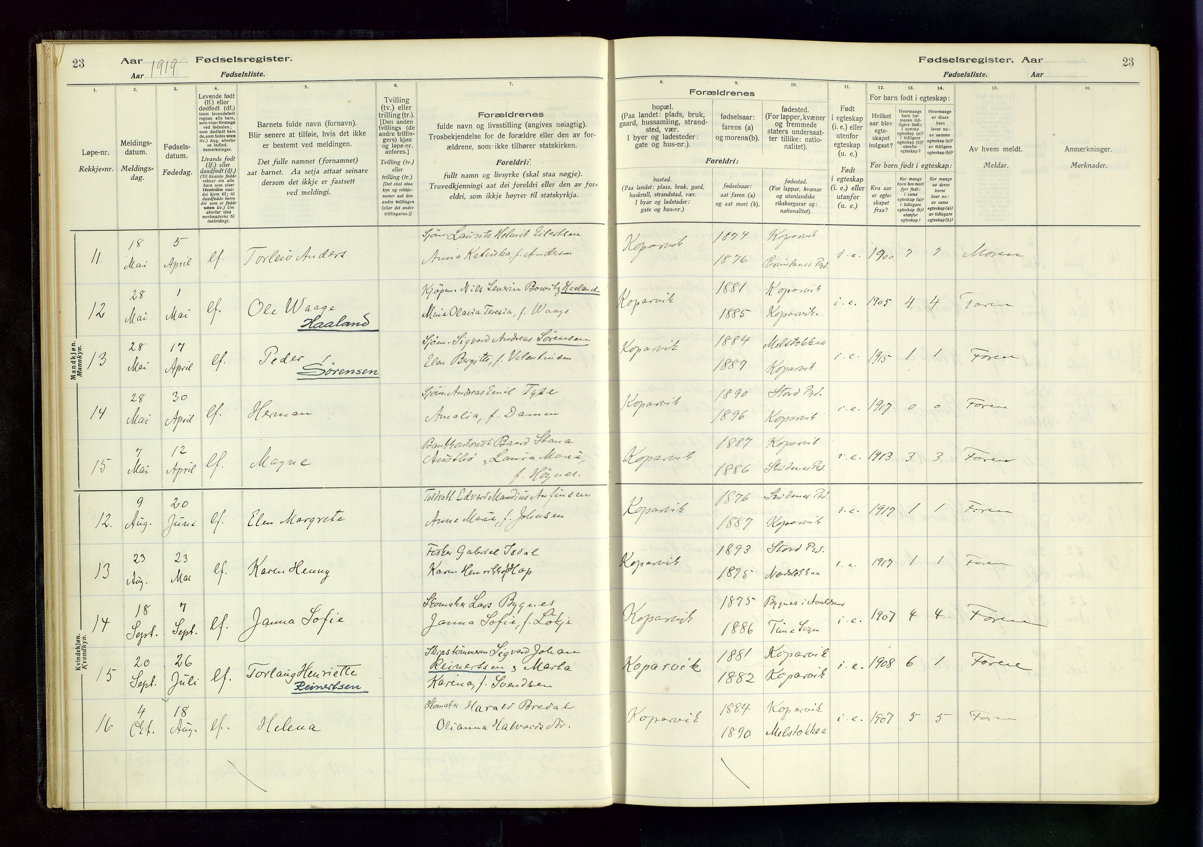 Kopervik sokneprestkontor, AV/SAST-A-101850/I/Id/L0001: Birth register no. 1, 1916-1952, p. 23