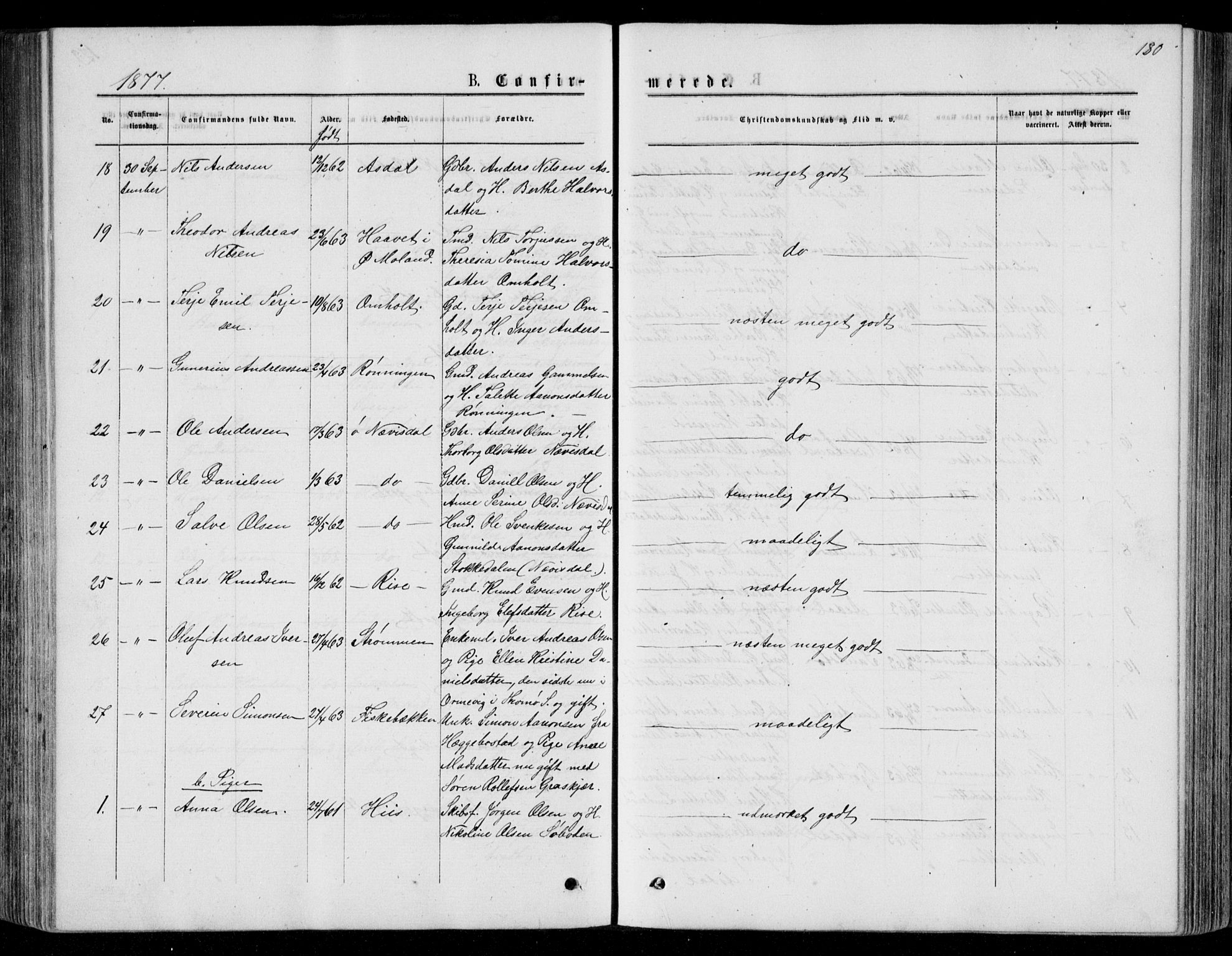 Øyestad sokneprestkontor, AV/SAK-1111-0049/F/Fb/L0008: Parish register (copy) no. B 8, 1872-1886, p. 180