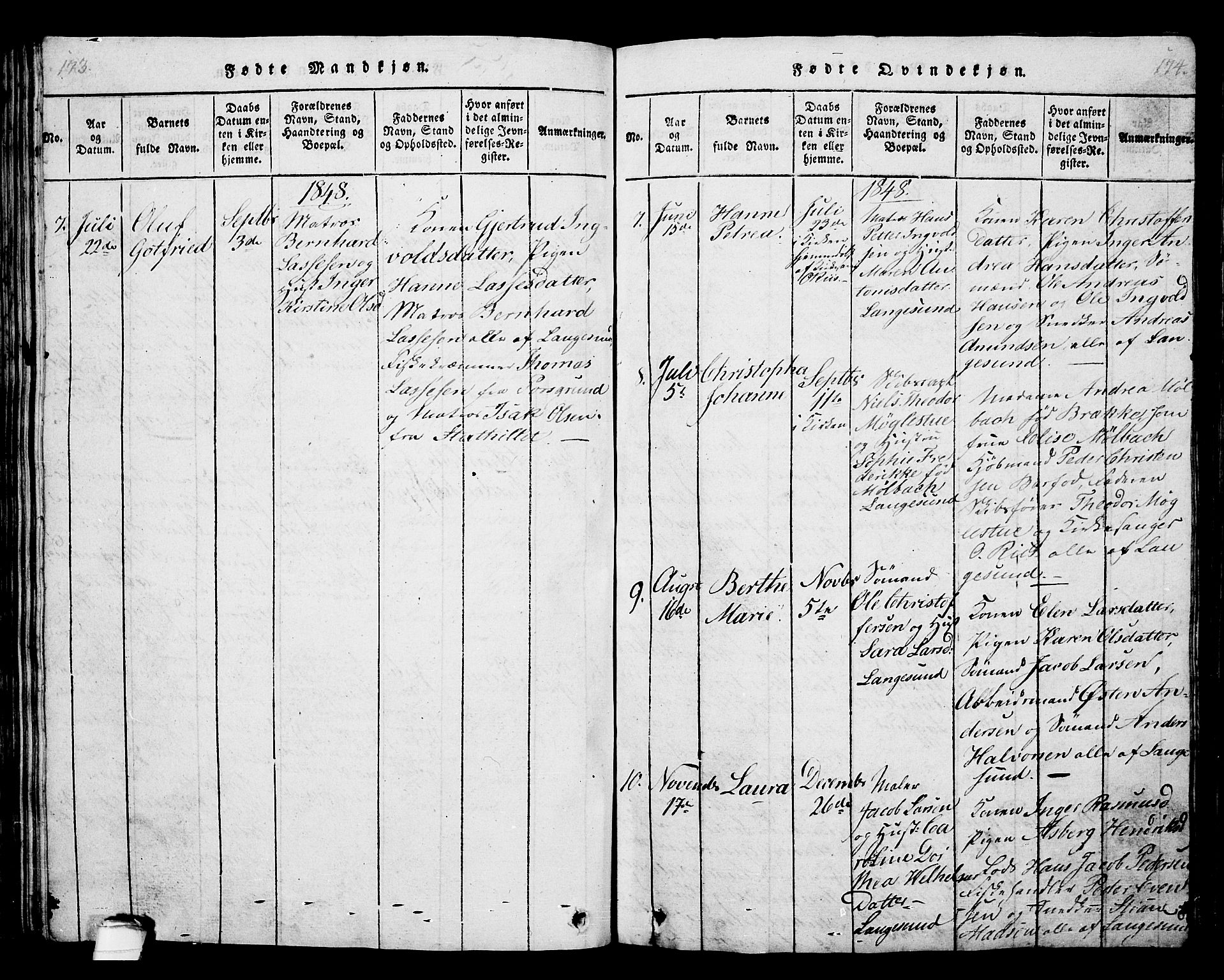 Langesund kirkebøker, AV/SAKO-A-280/G/Ga/L0003: Parish register (copy) no. 3, 1815-1858, p. 173-174