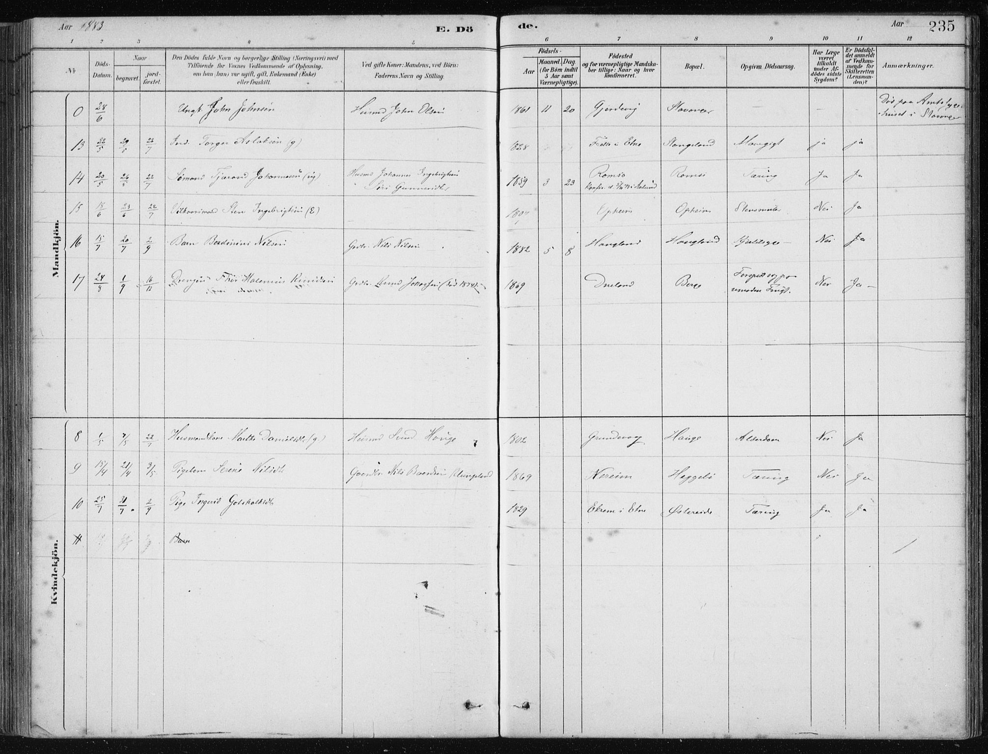 Fjelberg sokneprestembete, AV/SAB-A-75201/H/Haa: Parish register (official) no. D 1, 1879-1918, p. 235