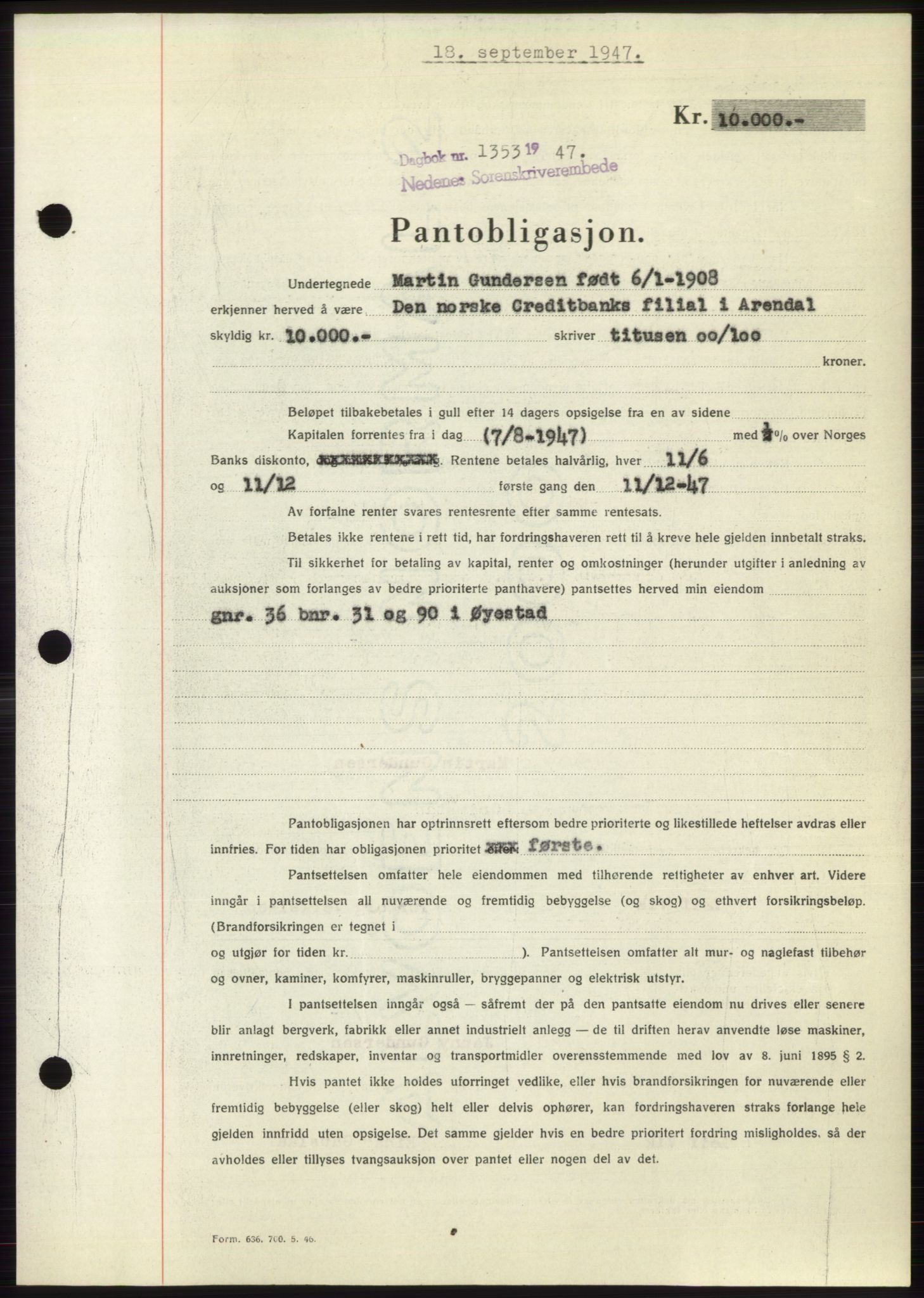 Nedenes sorenskriveri, AV/SAK-1221-0006/G/Gb/Gbb/L0004: Mortgage book no. B4, 1947-1947, Diary no: : 1353/1947