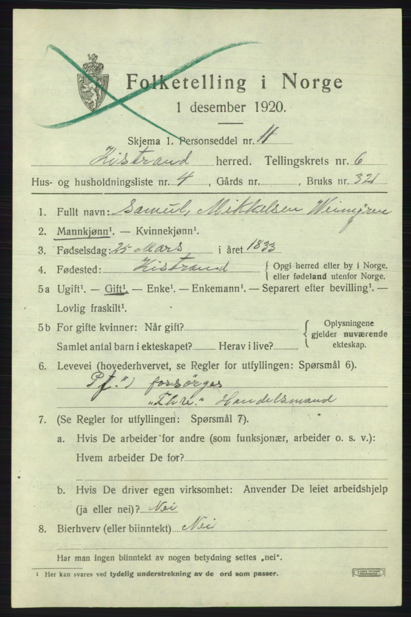 SATØ, 1920 census for Kistrand, 1920, p. 3678