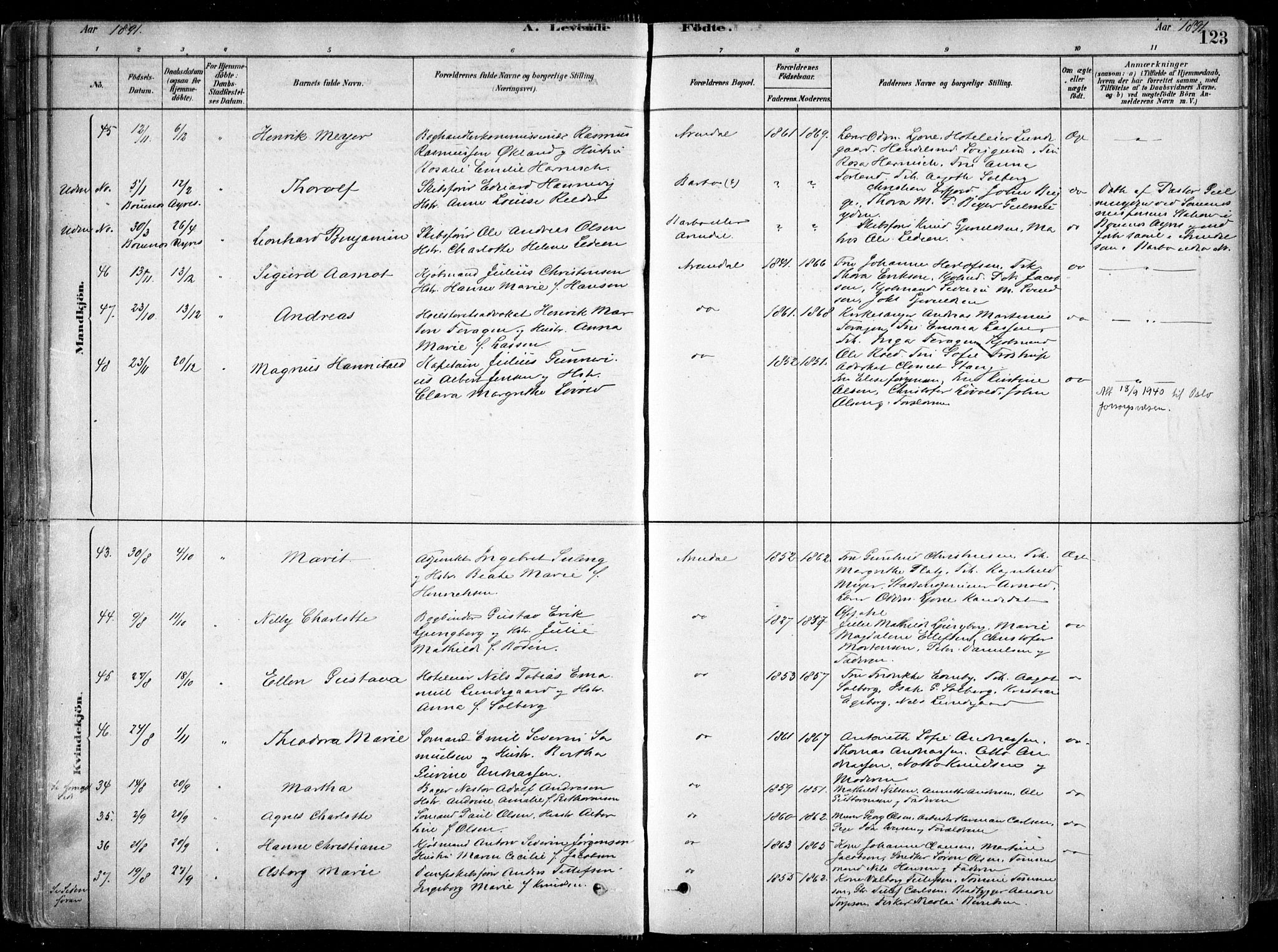 Arendal sokneprestkontor, Trefoldighet, AV/SAK-1111-0040/F/Fa/L0008: Parish register (official) no. A 8, 1878-1899, p. 123