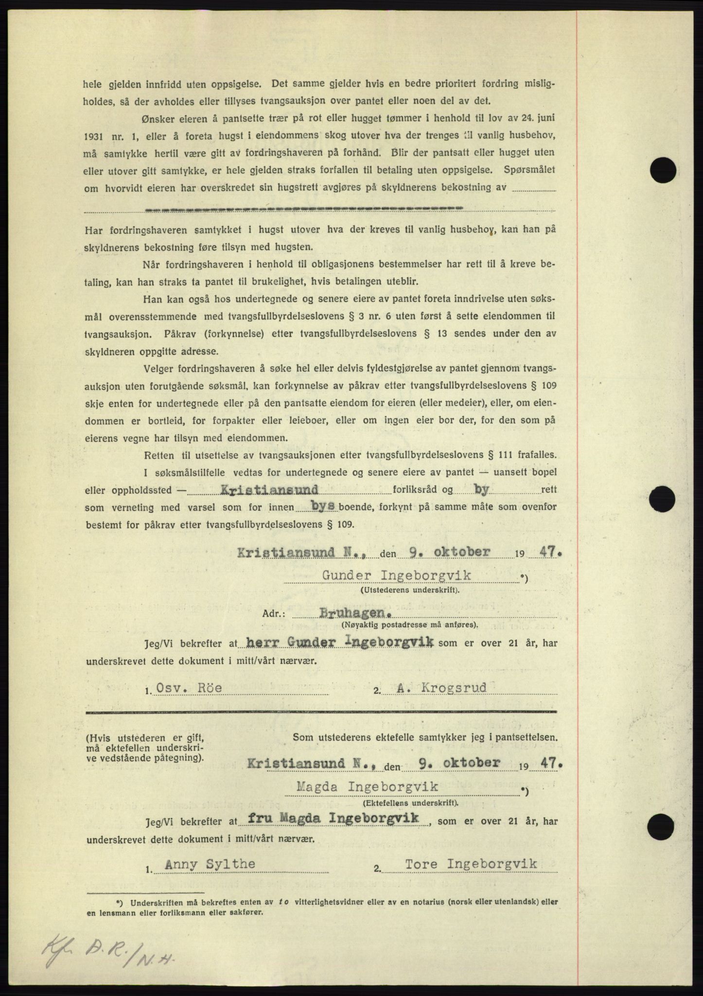 Nordmøre sorenskriveri, AV/SAT-A-4132/1/2/2Ca: Mortgage book no. B97, 1947-1948, Diary no: : 2354/1947