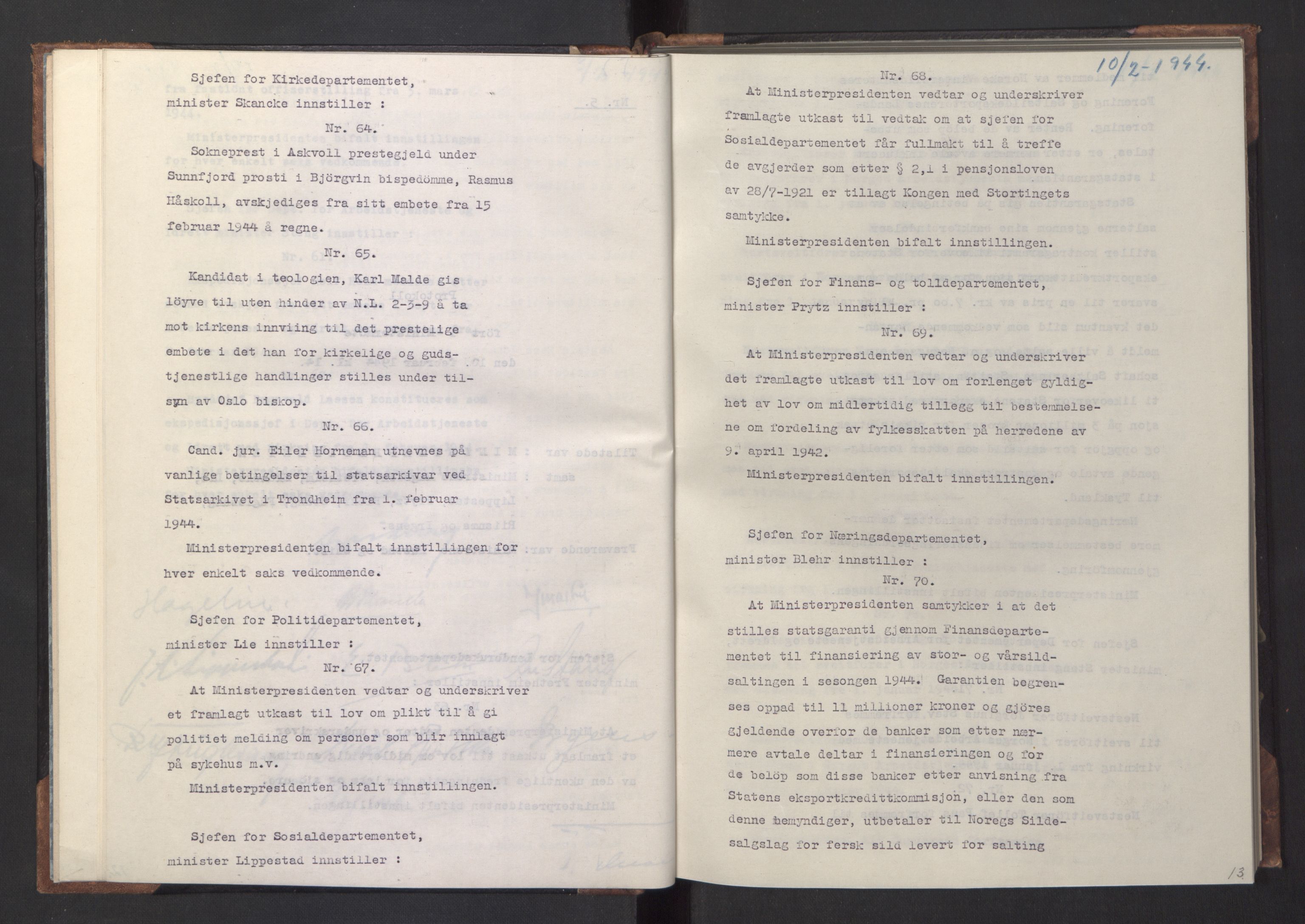 NS-administrasjonen 1940-1945 (Statsrådsekretariatet, de kommisariske statsråder mm), RA/S-4279/D/Da/L0005: Protokoll fra ministermøter, 1944, p. 15