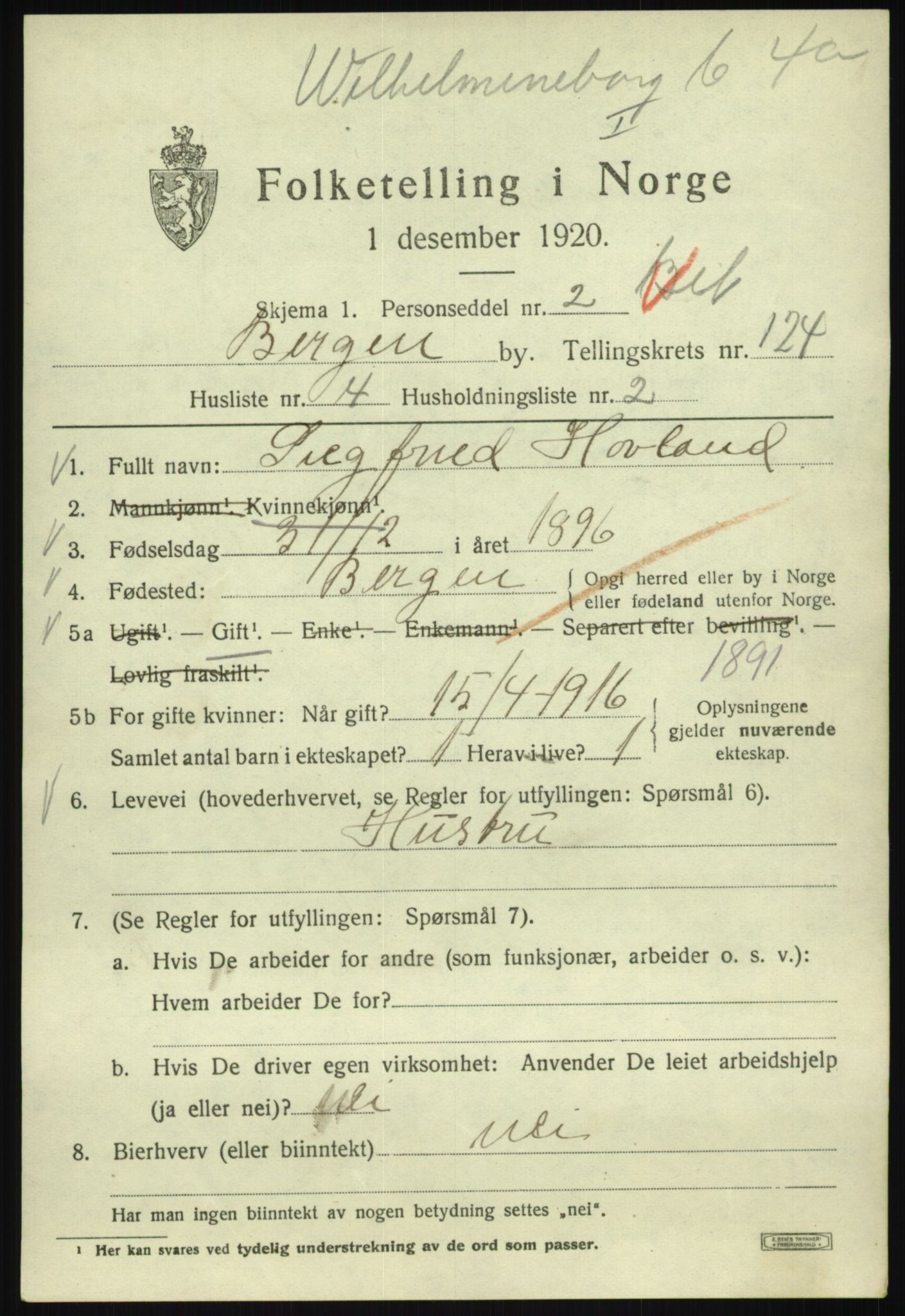 SAB, 1920 census for Bergen, 1920, p. 209277