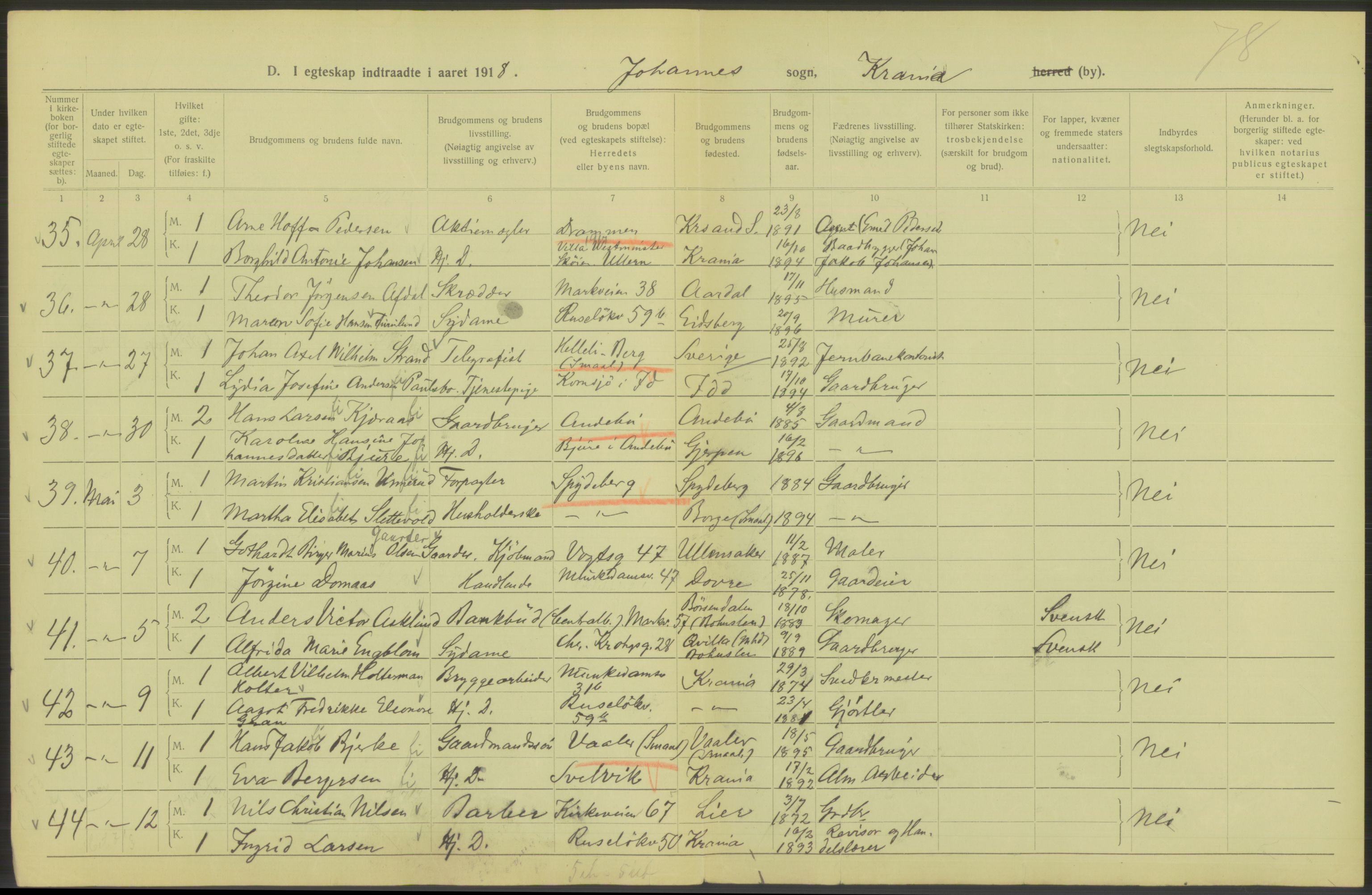 Statistisk sentralbyrå, Sosiodemografiske emner, Befolkning, AV/RA-S-2228/D/Df/Dfb/Dfbh/L0009: Kristiania: Gifte, 1918, p. 178