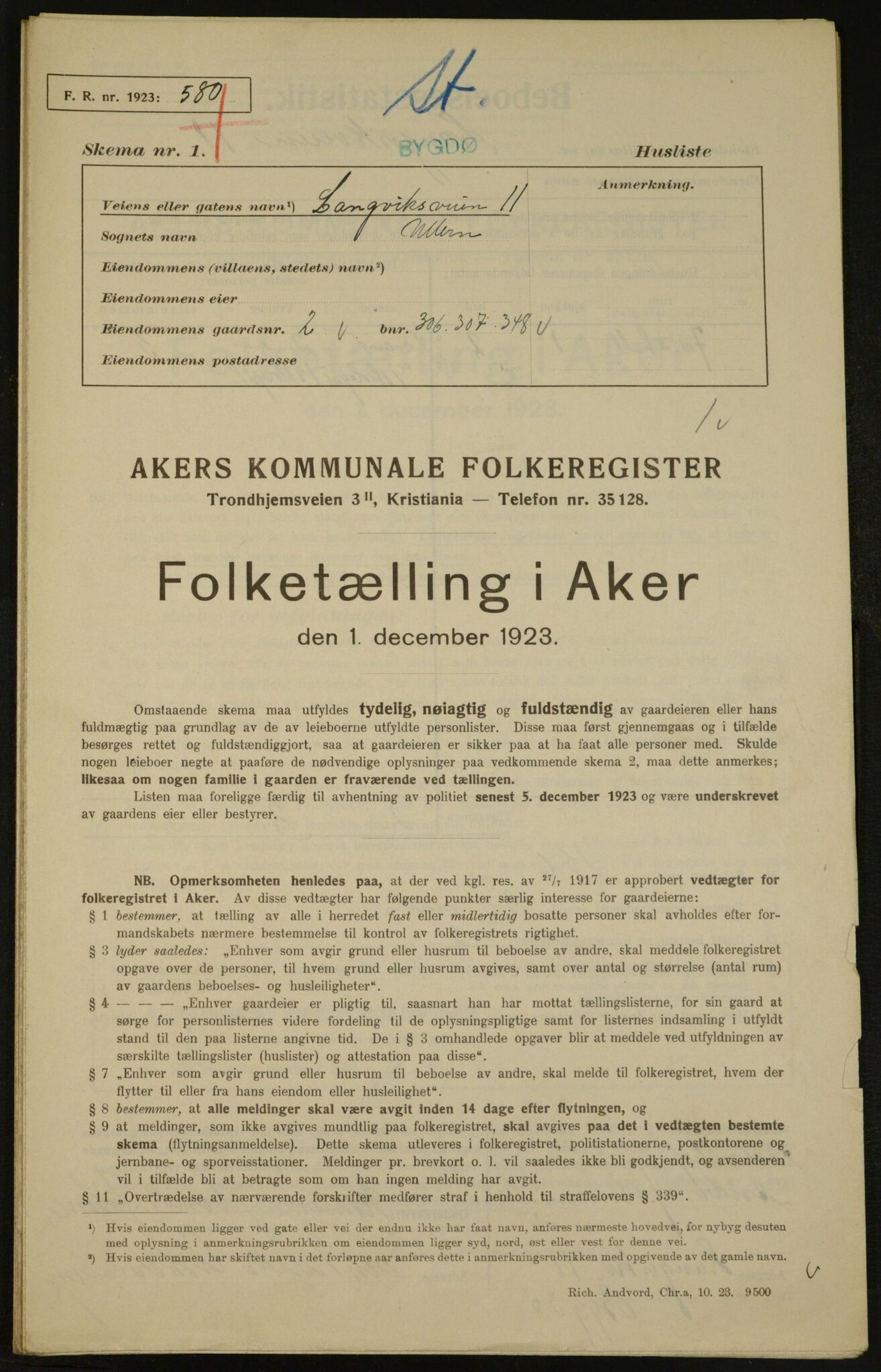 , Municipal Census 1923 for Aker, 1923, p. 3363