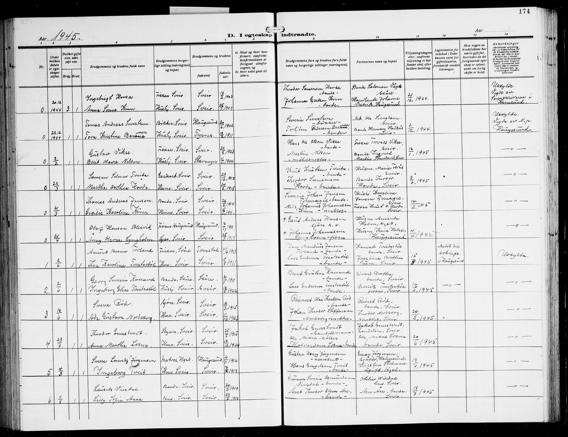 Sveio Sokneprestembete, AV/SAB-A-78501/H/Hab: Parish register (copy) no. A 6, 1927-1945, p. 174