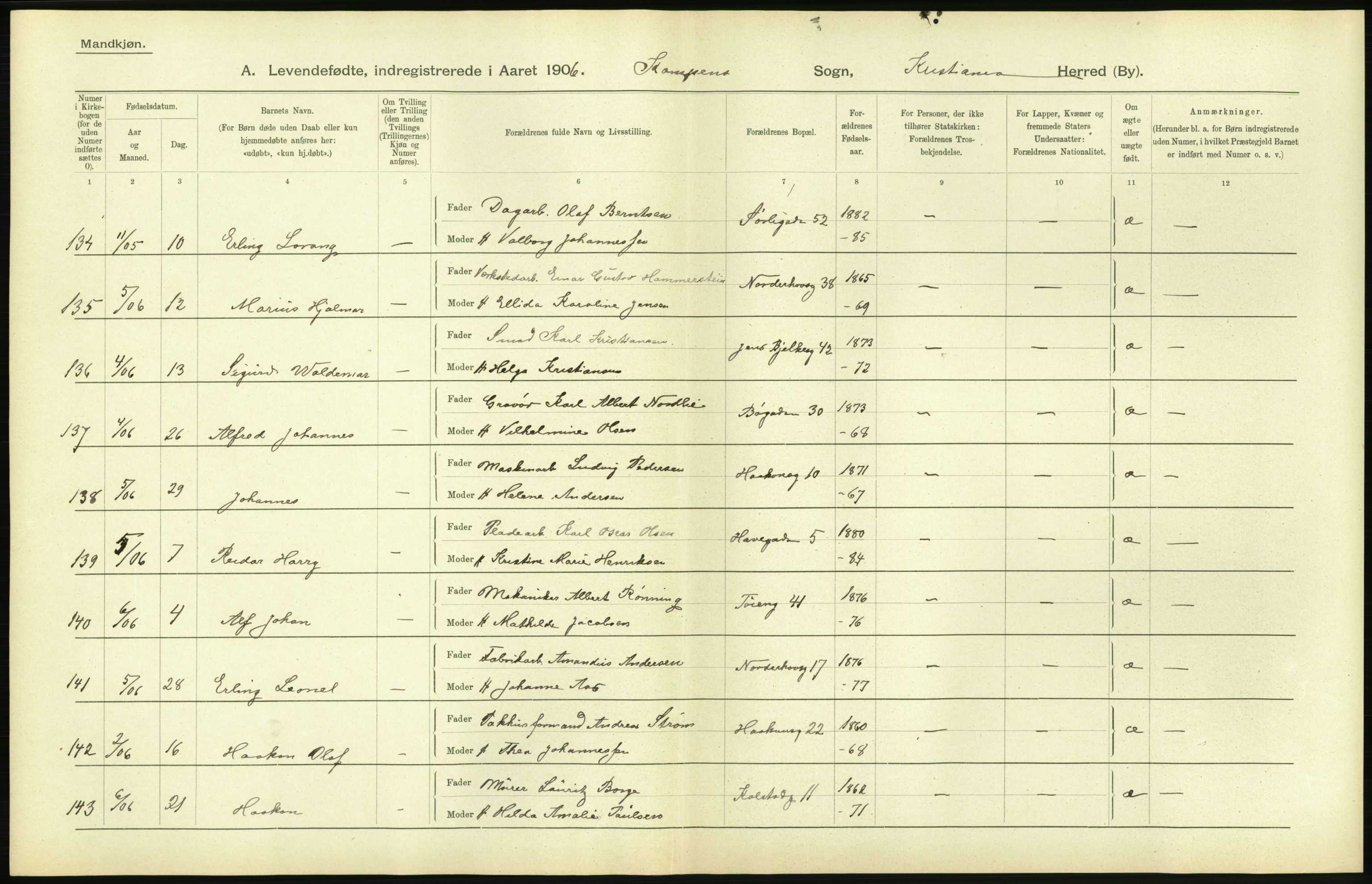 Statistisk sentralbyrå, Sosiodemografiske emner, Befolkning, AV/RA-S-2228/D/Df/Dfa/Dfad/L0007: Kristiania: Levendefødte menn og kvinner., 1906, p. 722