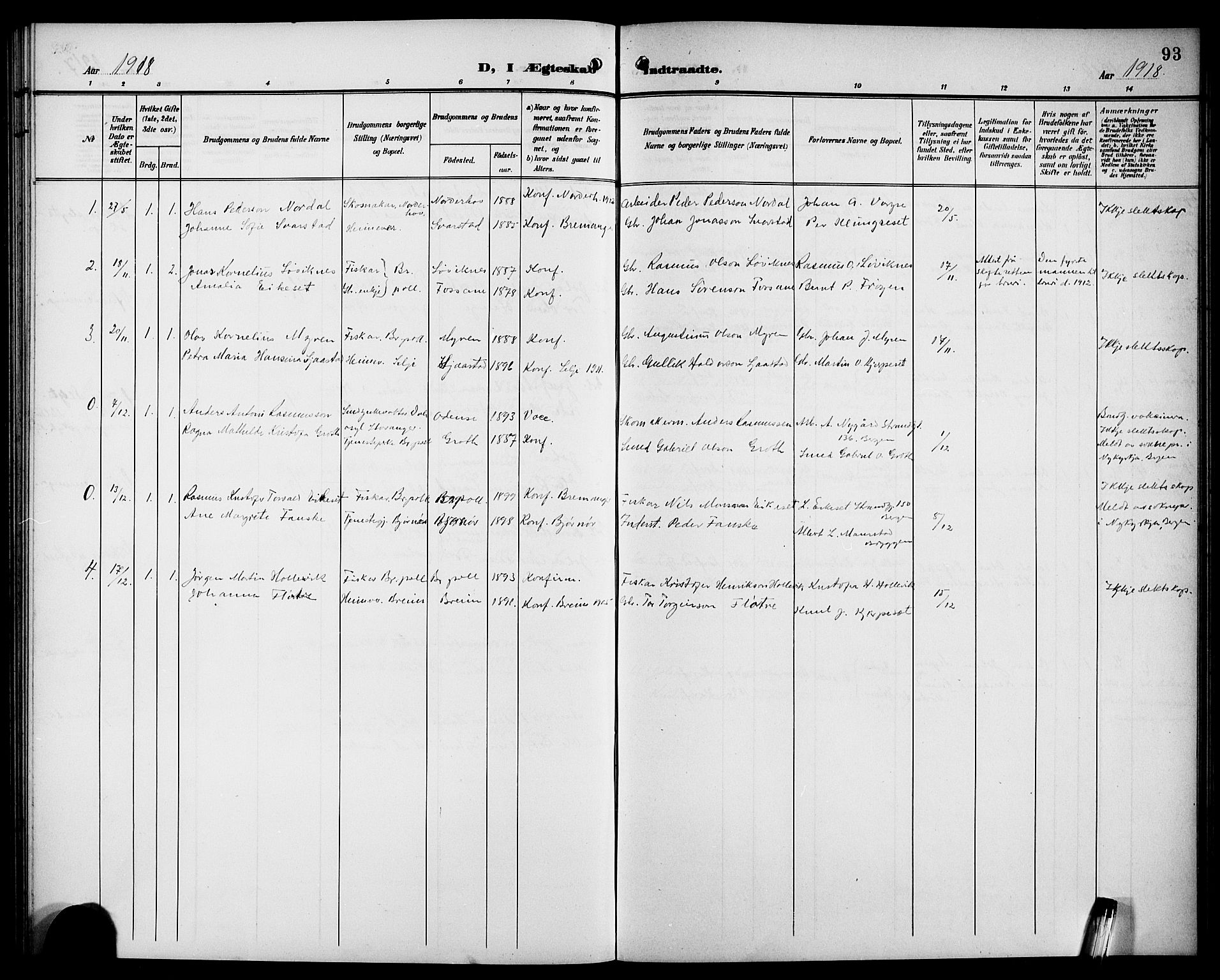 Bremanger sokneprestembete, SAB/A-82201/H/Hab/Habc/L0001: Parish register (copy) no. C 1, 1908-1919, p. 93