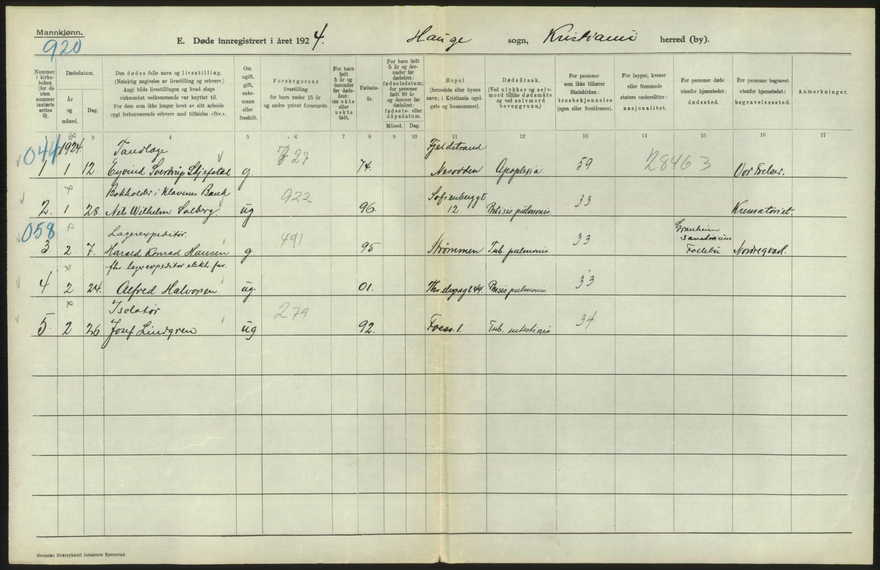 Statistisk sentralbyrå, Sosiodemografiske emner, Befolkning, RA/S-2228/D/Df/Dfc/Dfcd/L0008: Kristiania: Døde menn, 1924, p. 494