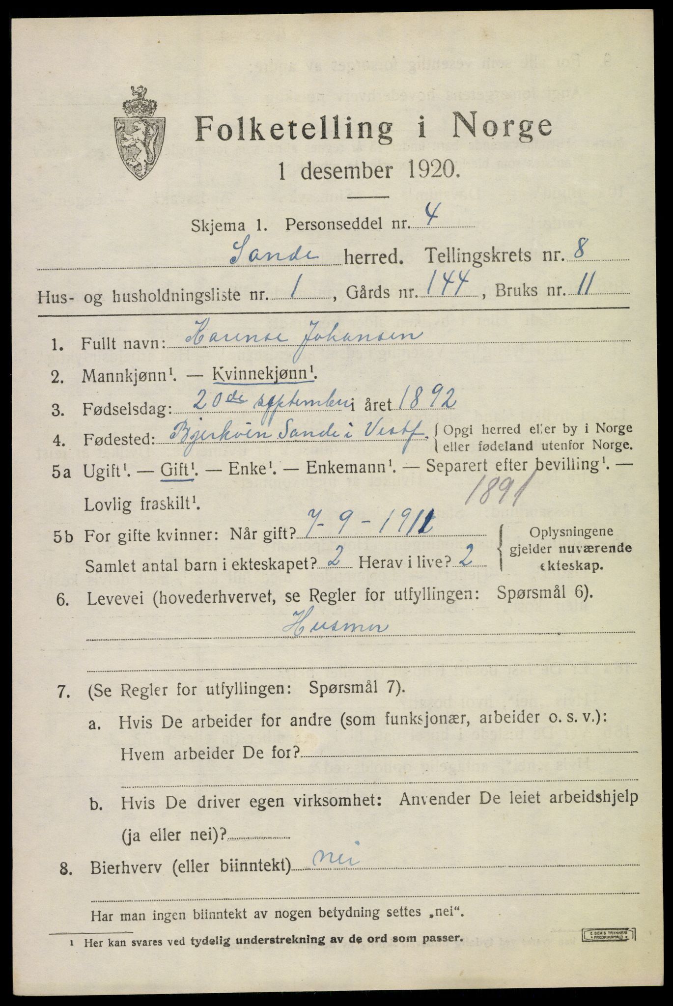 SAKO, 1920 census for Sande, 1920, p. 8962