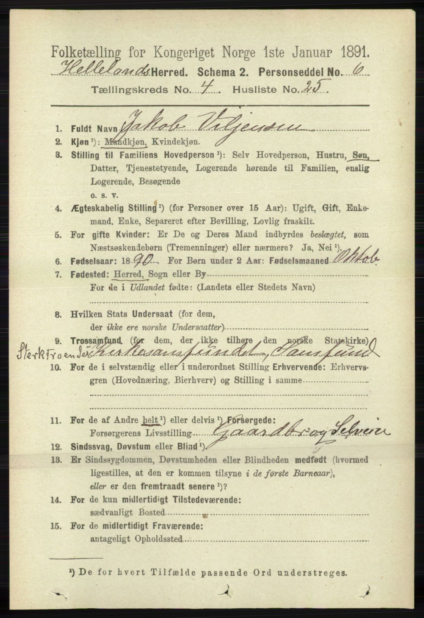 RA, 1891 census for 1115 Helleland, 1891, p. 1315