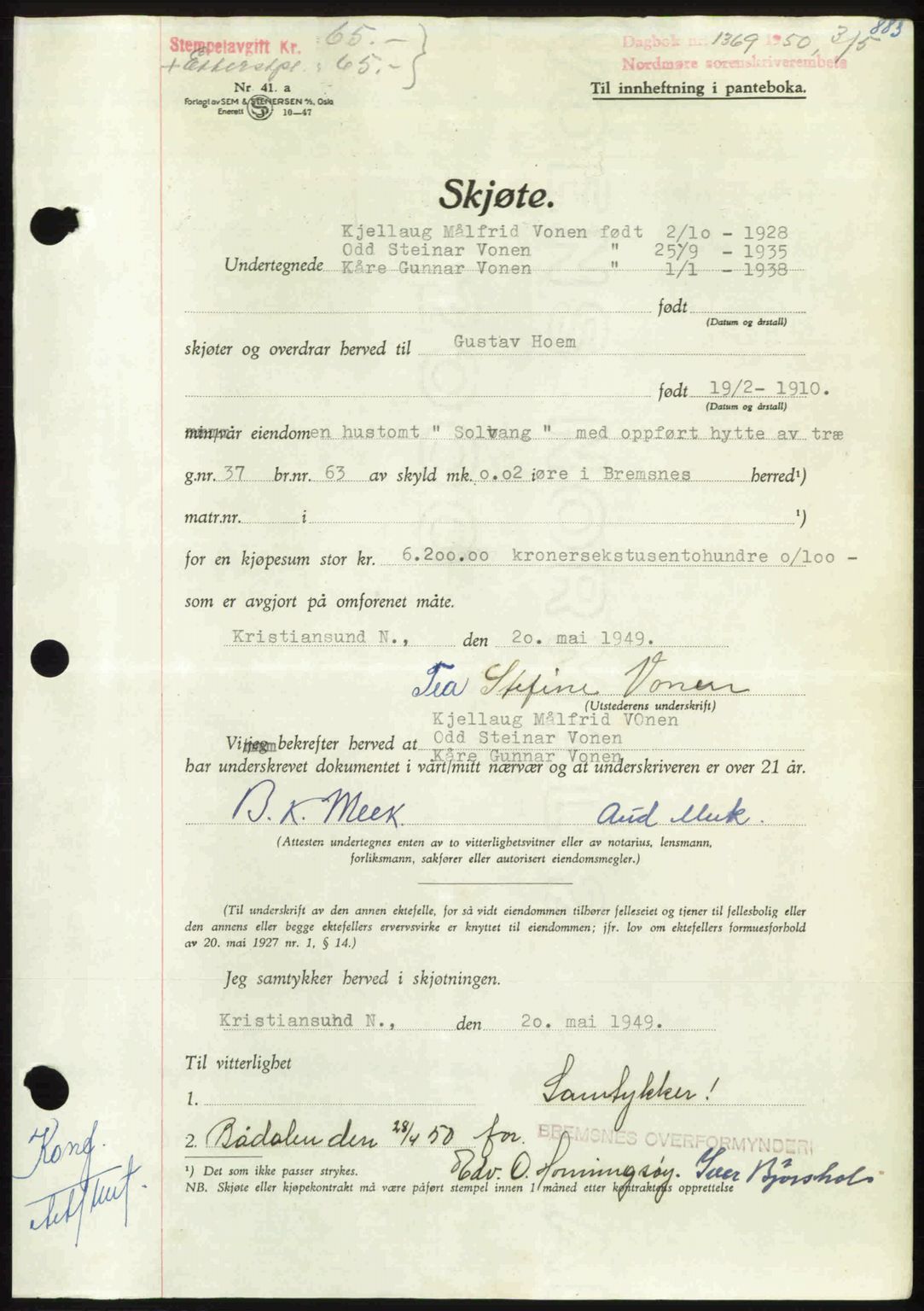 Nordmøre sorenskriveri, AV/SAT-A-4132/1/2/2Ca: Mortgage book no. A114, 1950-1950, Diary no: : 1369/1950