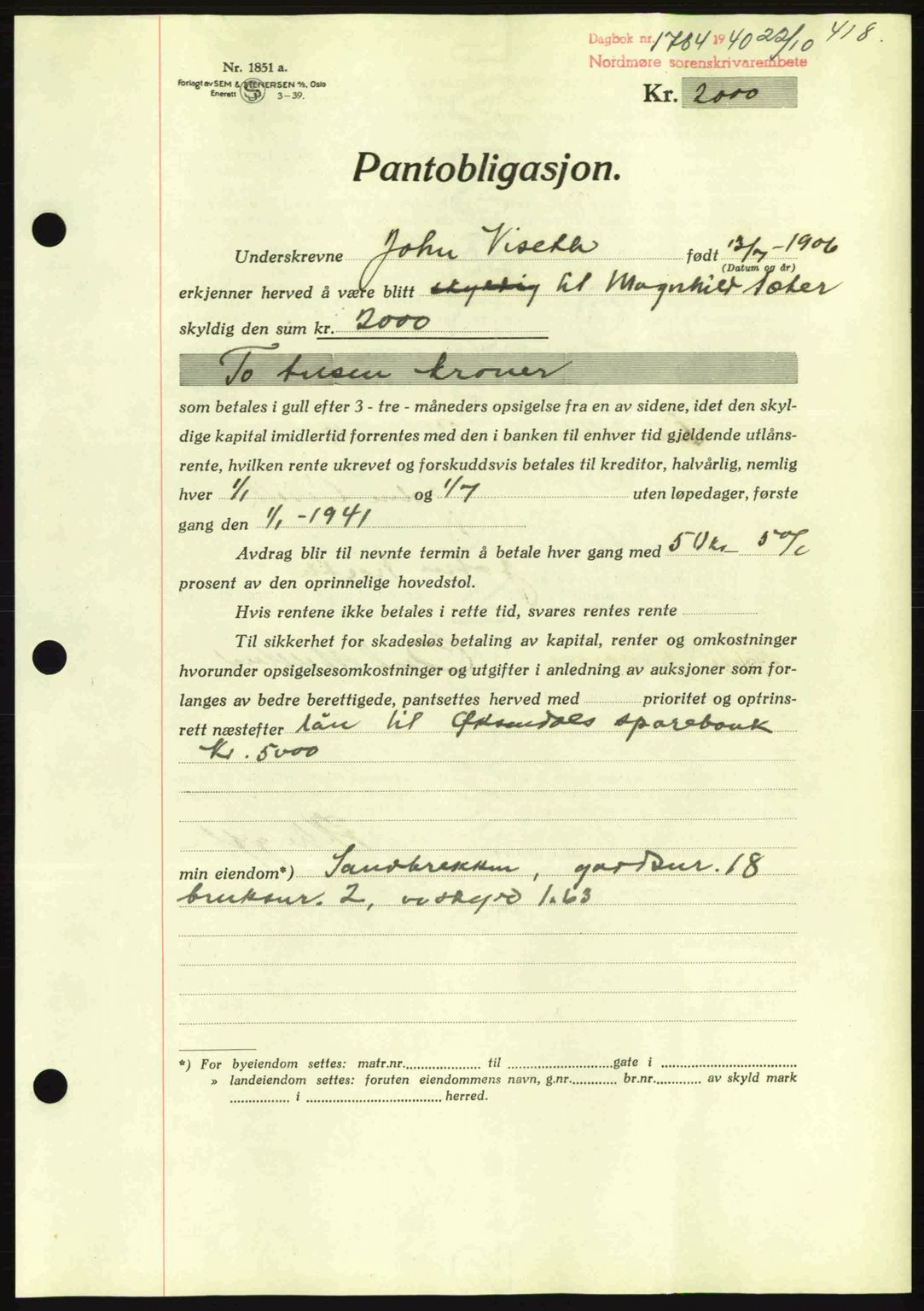 Nordmøre sorenskriveri, AV/SAT-A-4132/1/2/2Ca: Mortgage book no. B87, 1940-1941, Diary no: : 1784/1940