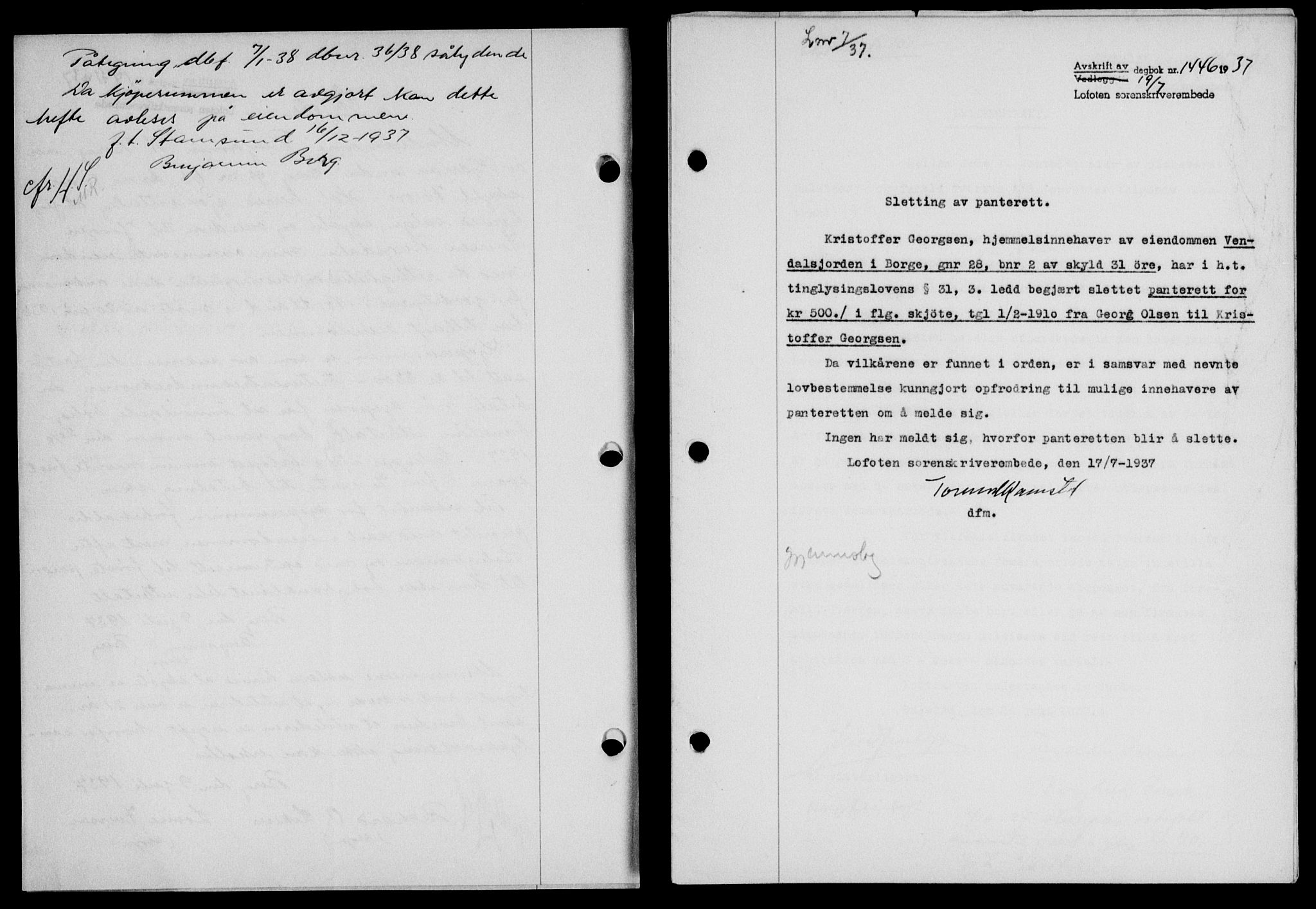 Lofoten sorenskriveri, SAT/A-0017/1/2/2C/L0002a: Mortgage book no. 2a, 1937-1937, Diary no: : 1446/1937