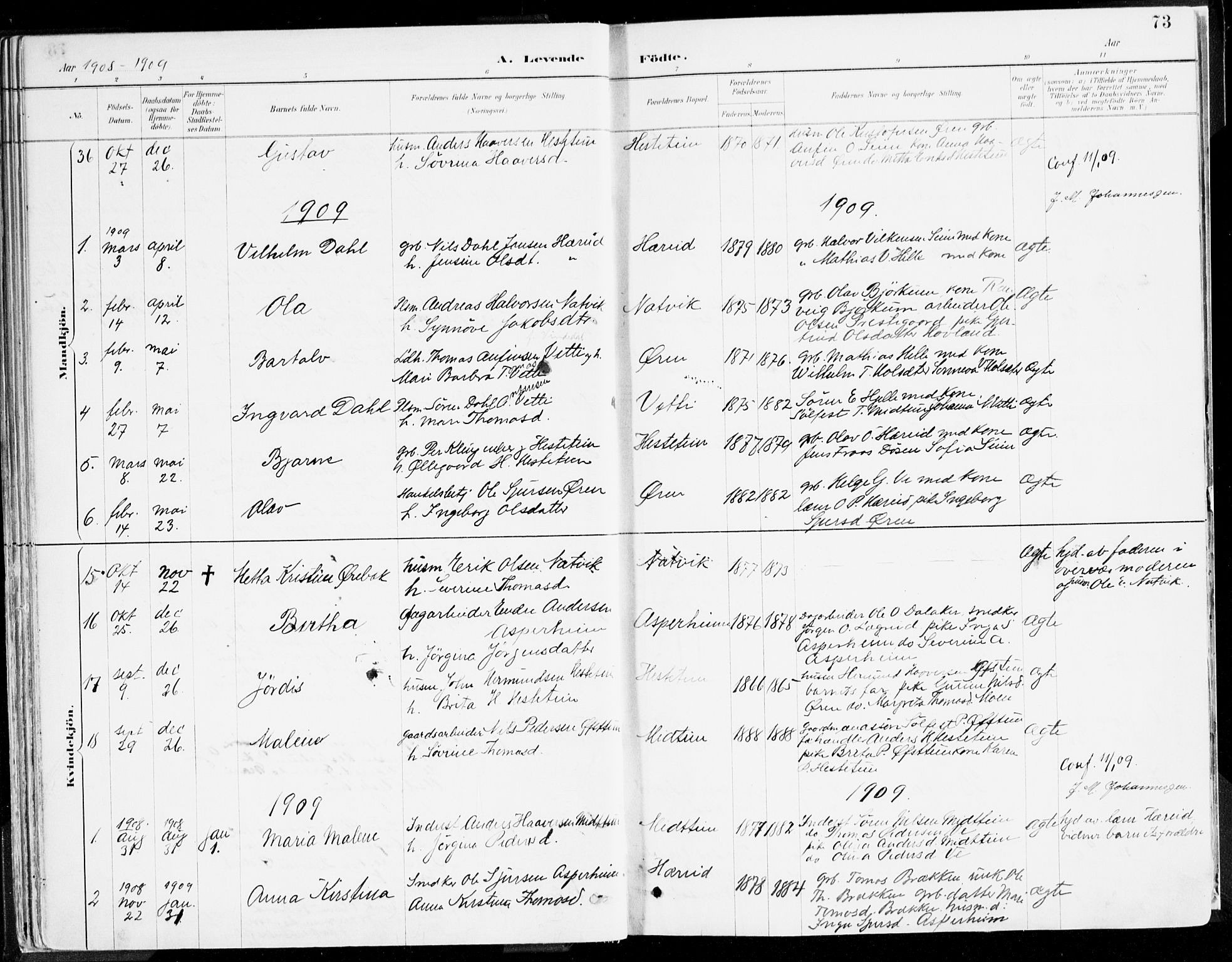 Årdal sokneprestembete, SAB/A-81701: Parish register (official) no. A 5, 1887-1917, p. 73