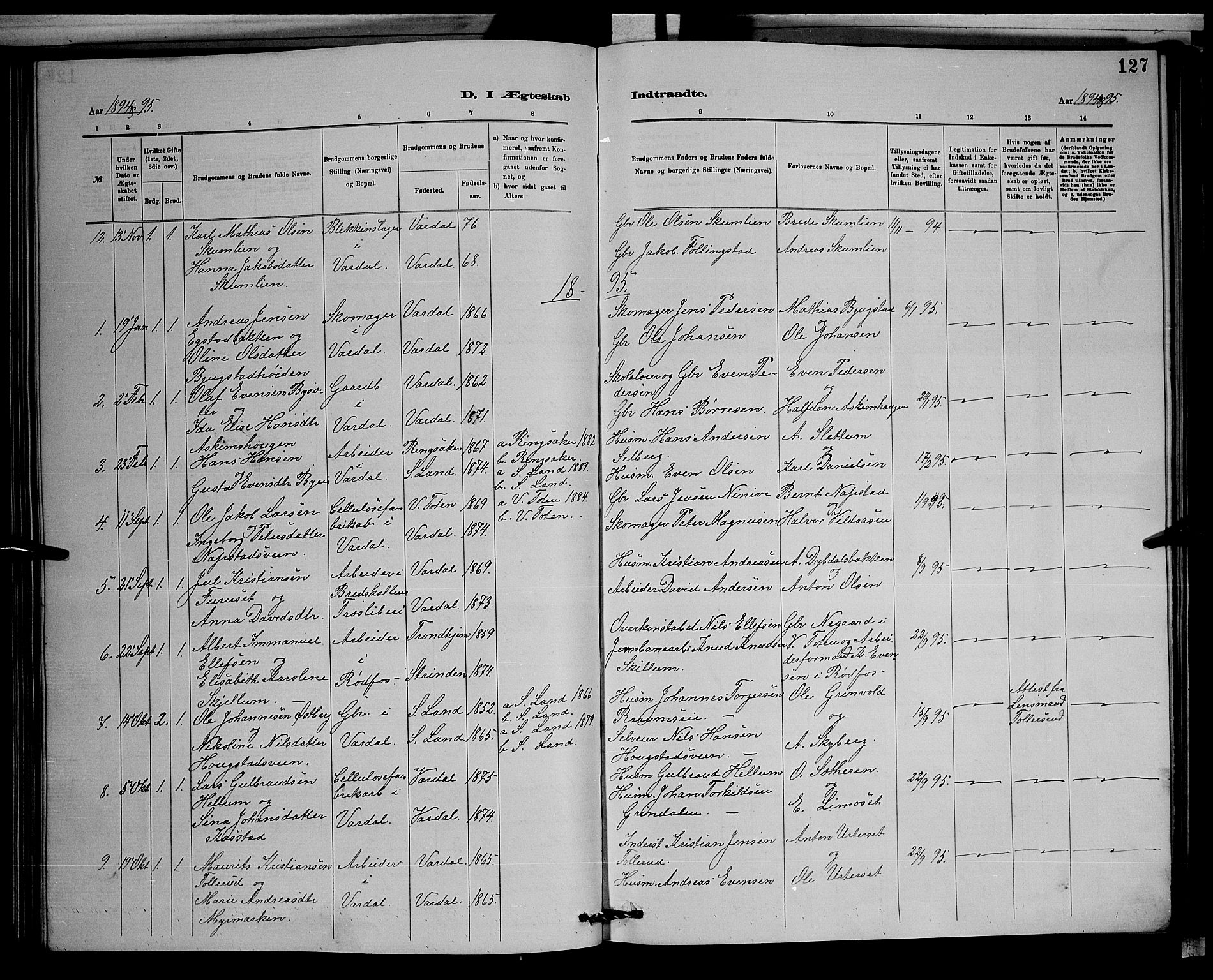 Vardal prestekontor, SAH/PREST-100/H/Ha/Hab/L0008: Parish register (copy) no. 8, 1881-1898, p. 127