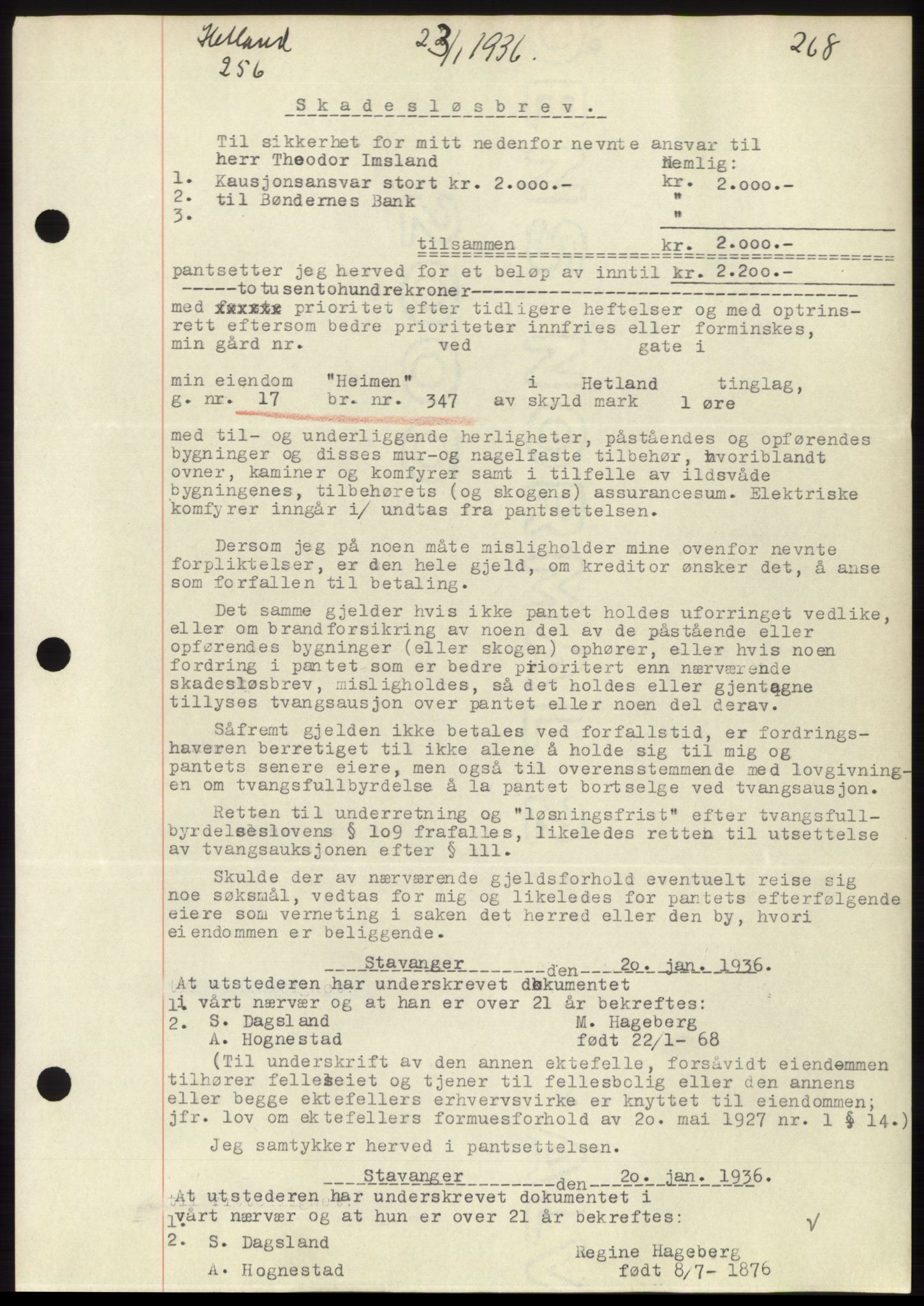 Jæren sorenskriveri, SAST/A-100310/03/G/Gba/L0064: Mortgage book no. 70, 1935-1936, Deed date: 23.01.1936