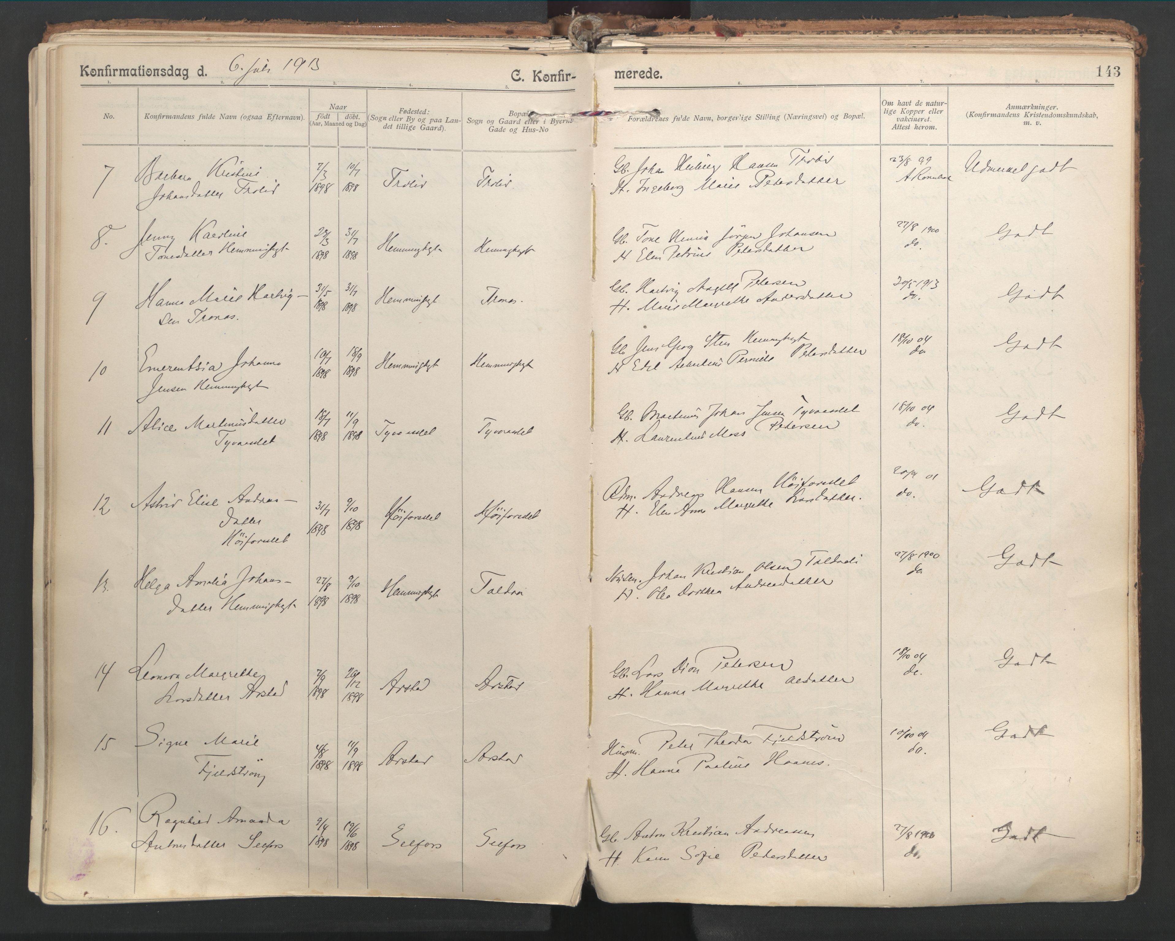 Ministerialprotokoller, klokkerbøker og fødselsregistre - Nordland, SAT/A-1459/846/L0647: Parish register (official) no. 846A05, 1902-1915, p. 143