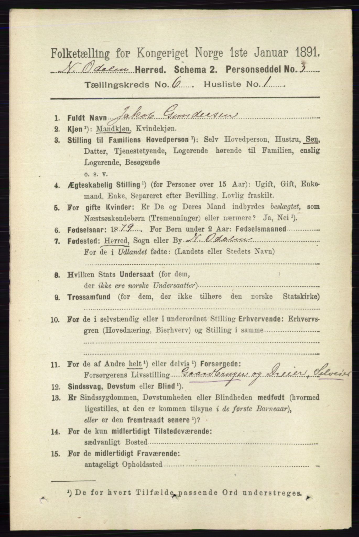 RA, 1891 census for 0418 Nord-Odal, 1891, p. 2275