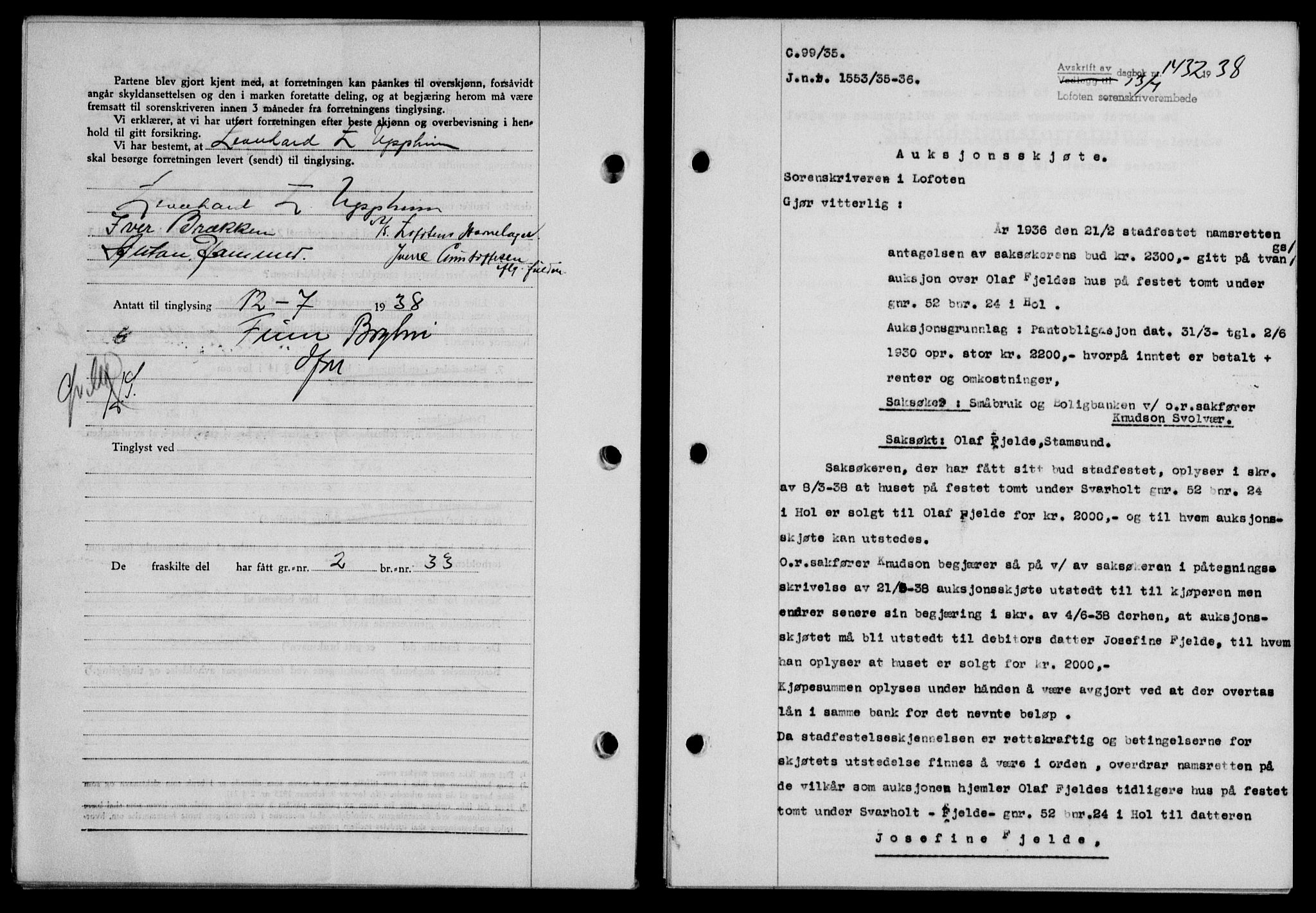 Lofoten sorenskriveri, SAT/A-0017/1/2/2C/L0004a: Mortgage book no. 4a, 1938-1938, Diary no: : 1432/1938