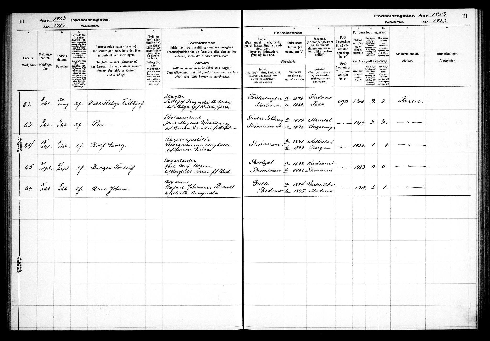 Skedsmo prestekontor Kirkebøker, AV/SAO-A-10033a/J/Ja/L0001: Birth register no. I 1, 1916-1931, p. 111