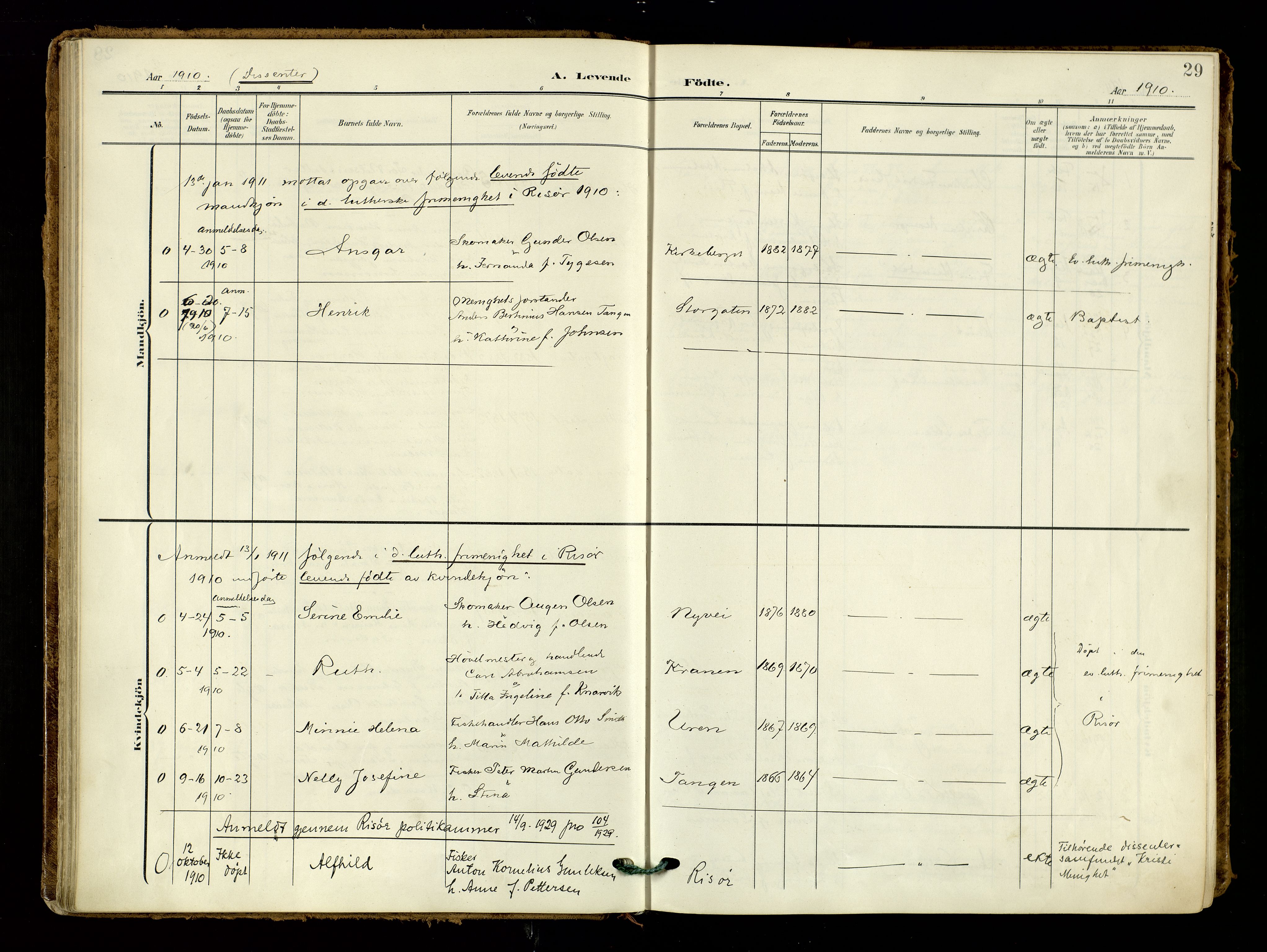 Risør sokneprestkontor, AV/SAK-1111-0035/F/Fa/L0011: Parish register (official) no. A 11, 1907-1920, p. 29