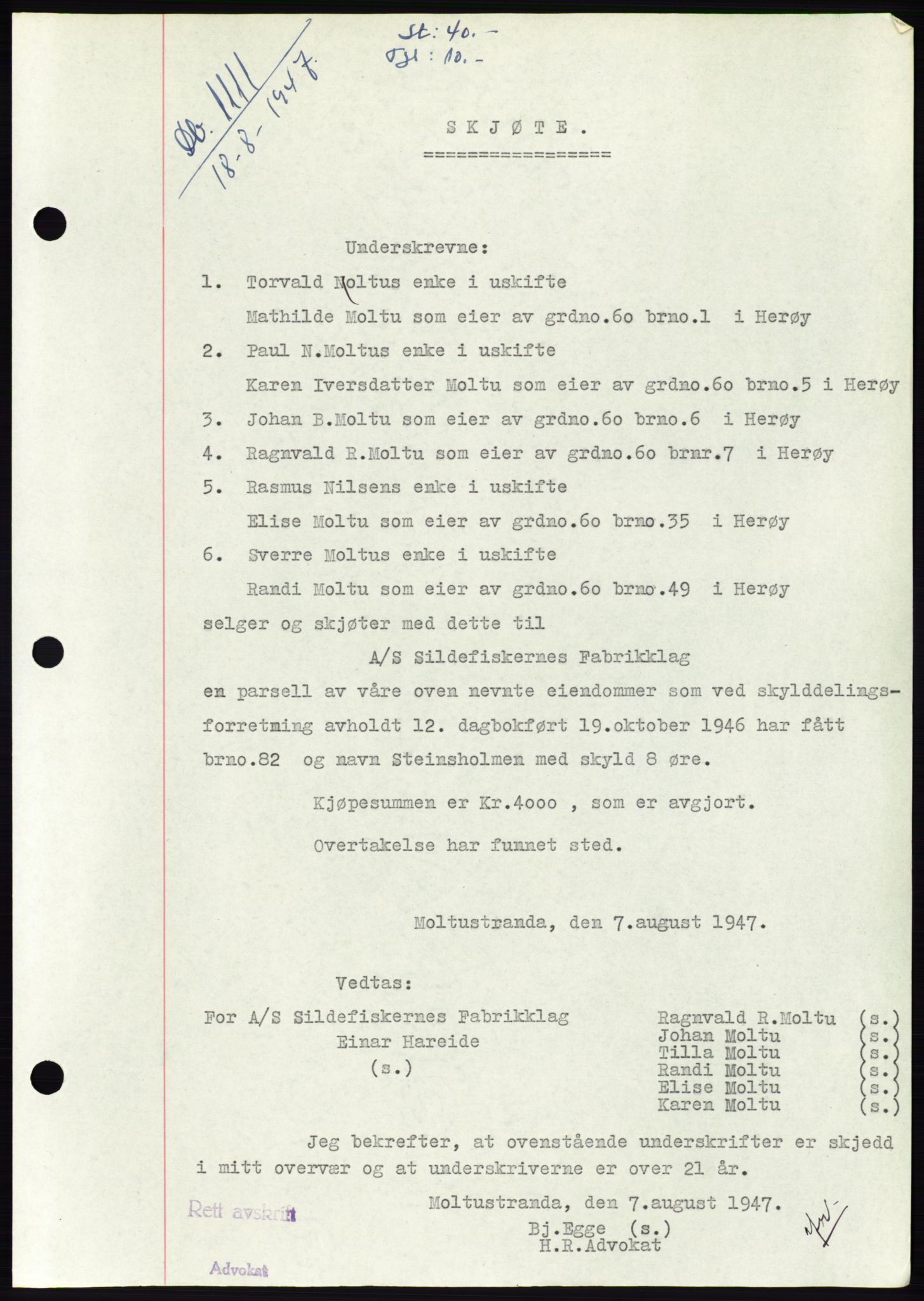 Søre Sunnmøre sorenskriveri, AV/SAT-A-4122/1/2/2C/L0081: Mortgage book no. 7A, 1947-1948, Diary no: : 1111/1947