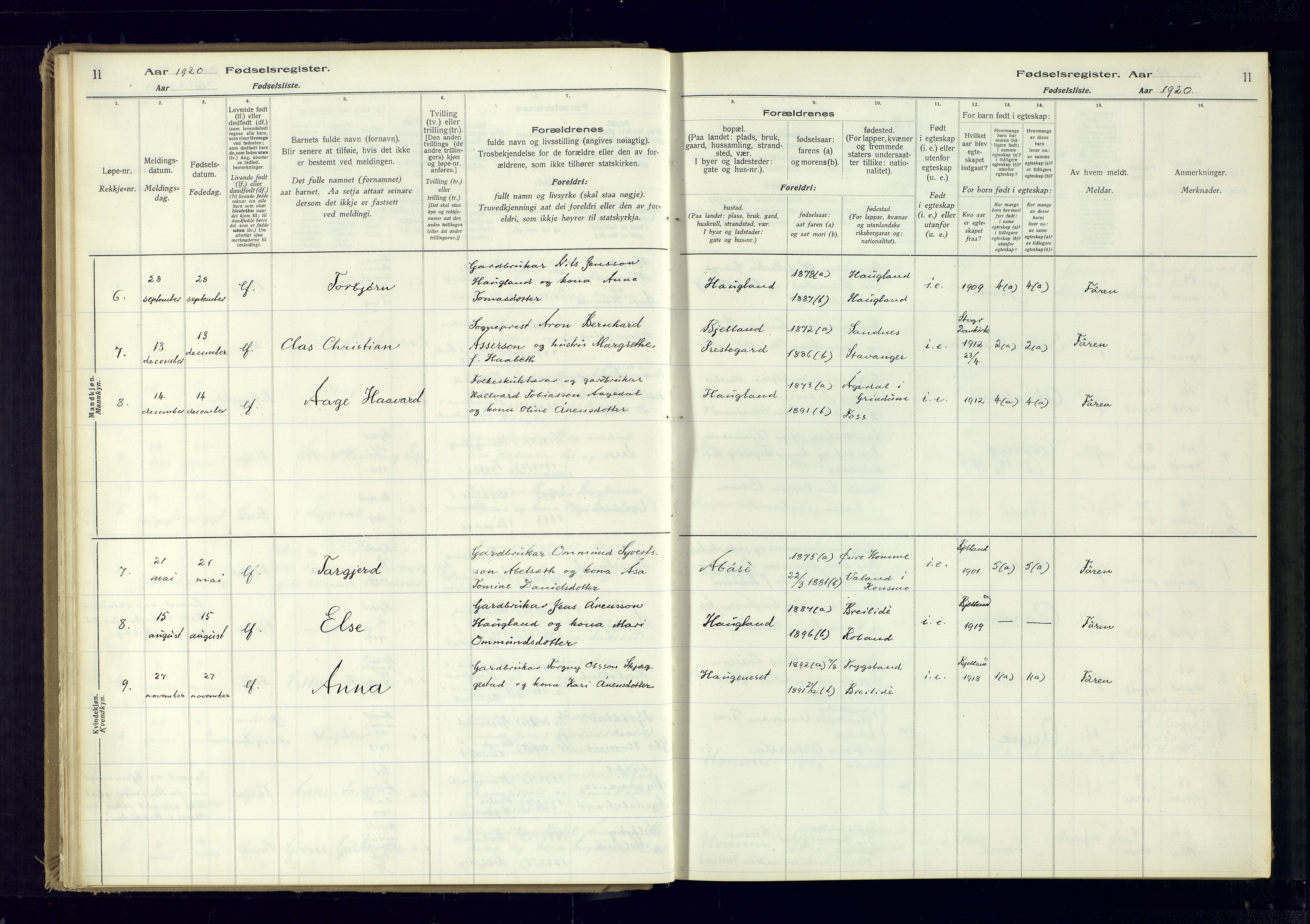 Bjelland sokneprestkontor, AV/SAK-1111-0005/J/Ja/L0001: Birth register no. II.4.2, 1916-1982, p. 11