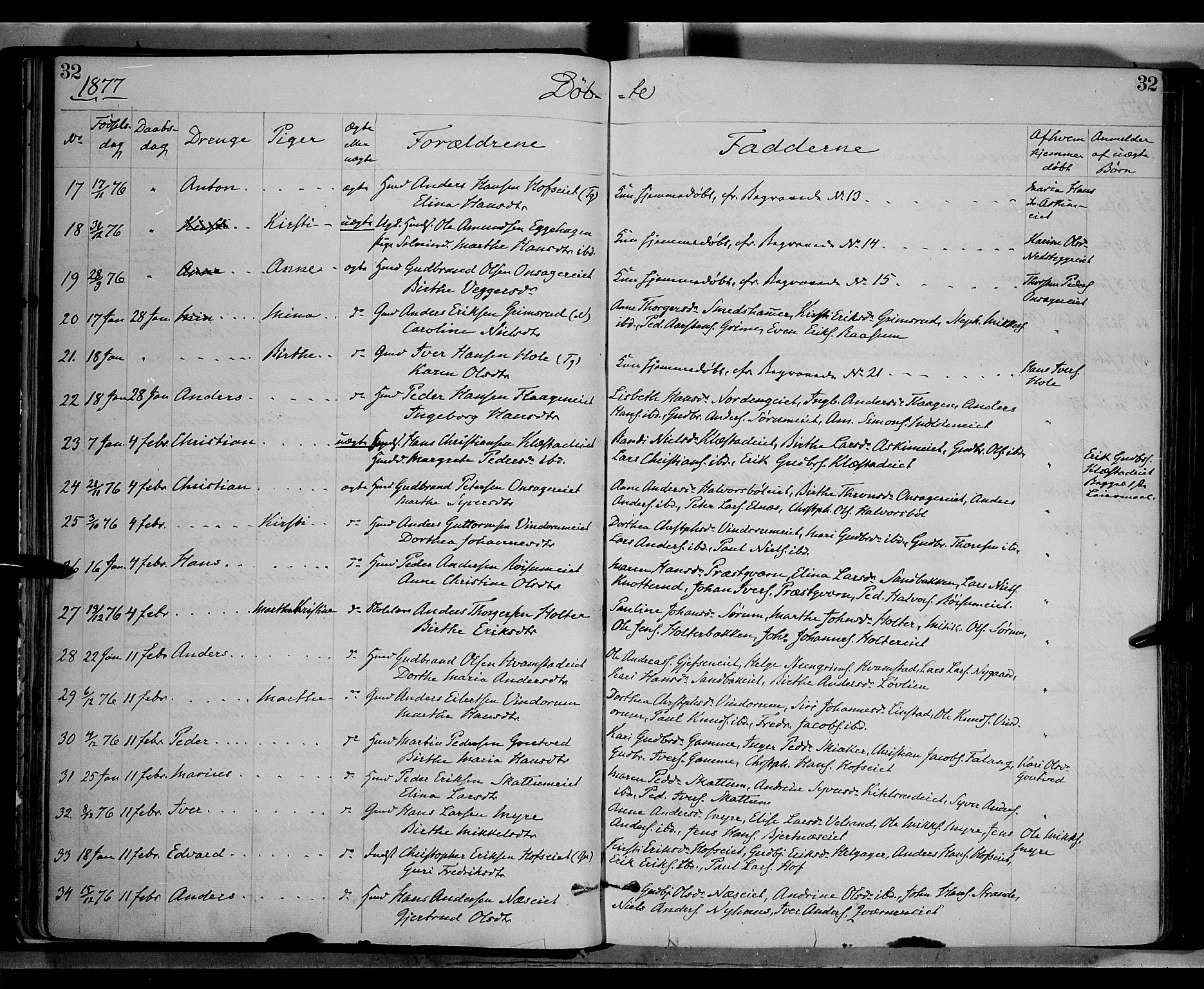 Gran prestekontor, SAH/PREST-112/H/Ha/Haa/L0013: Parish register (official) no. 13, 1875-1879, p. 32
