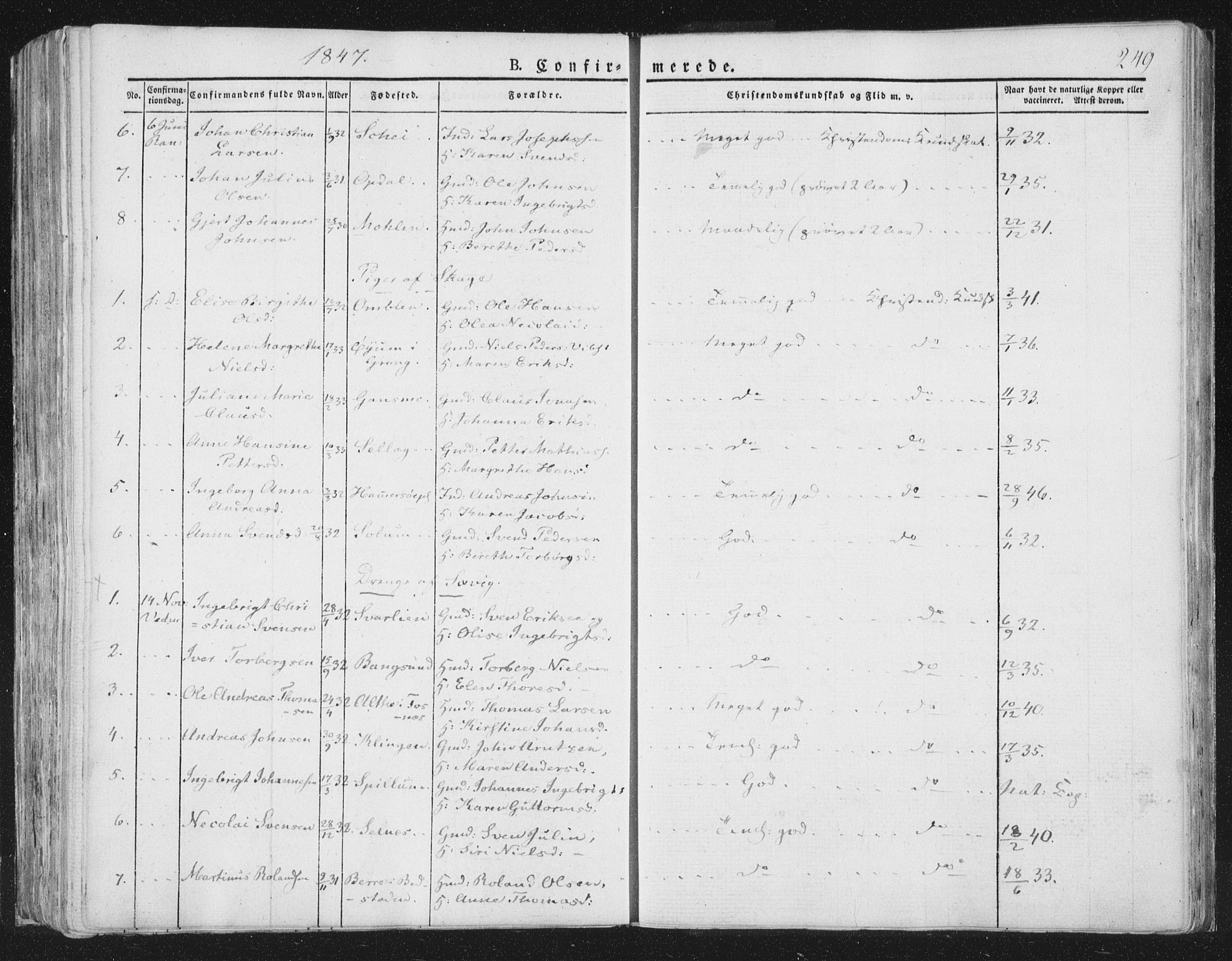 Ministerialprotokoller, klokkerbøker og fødselsregistre - Nord-Trøndelag, AV/SAT-A-1458/764/L0551: Parish register (official) no. 764A07a, 1824-1864, p. 249