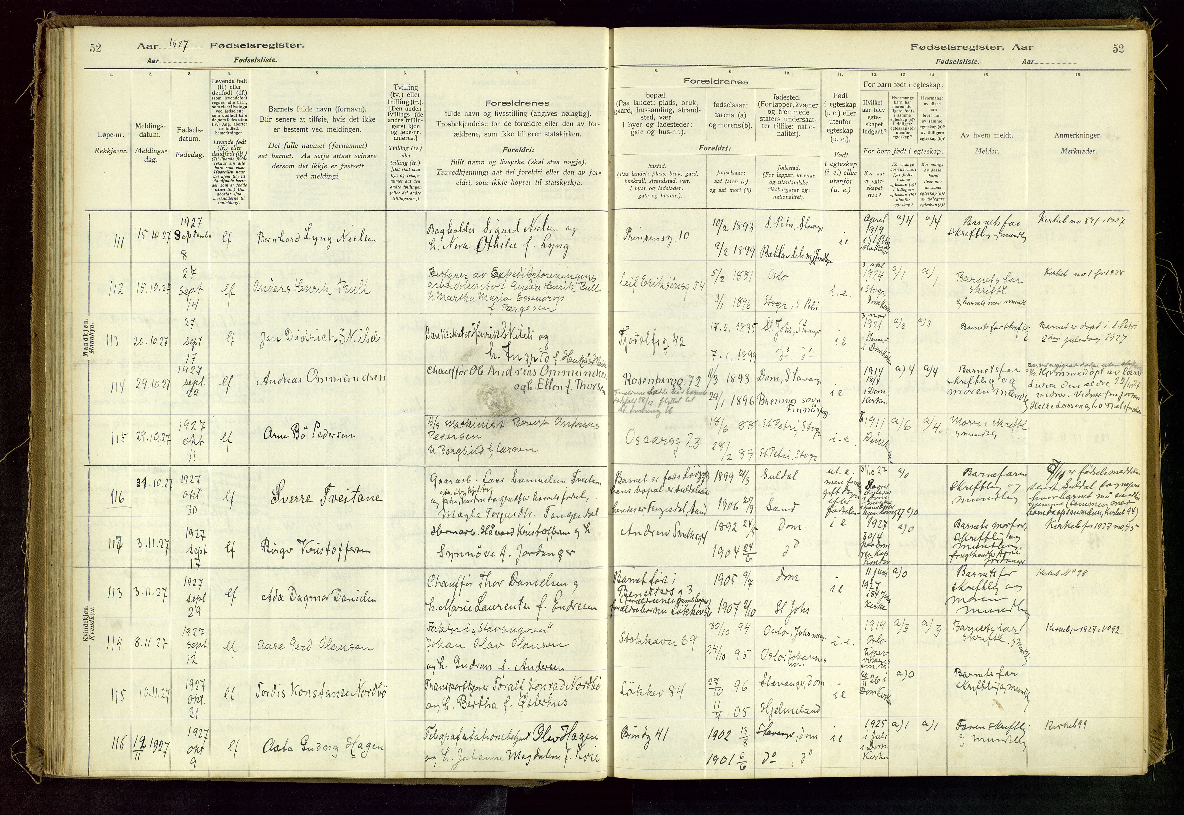 Domkirken sokneprestkontor, AV/SAST-A-101812/002/A/L0001: Birth register no. 1, 1925-1932, p. 52