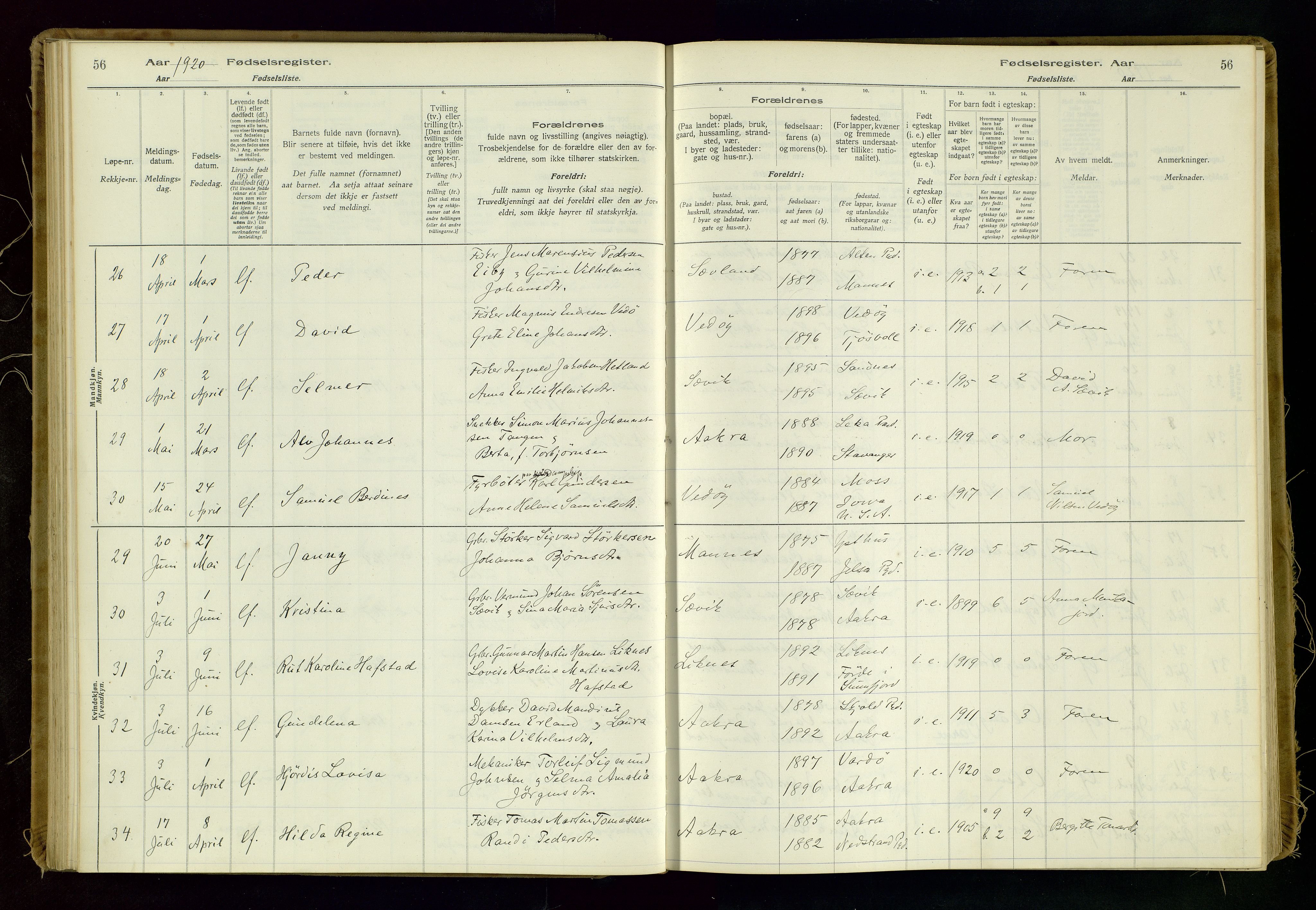 Kopervik sokneprestkontor, AV/SAST-A-101850/I/Id/L0006: Birth register no. 6, 1916-1934, p. 56