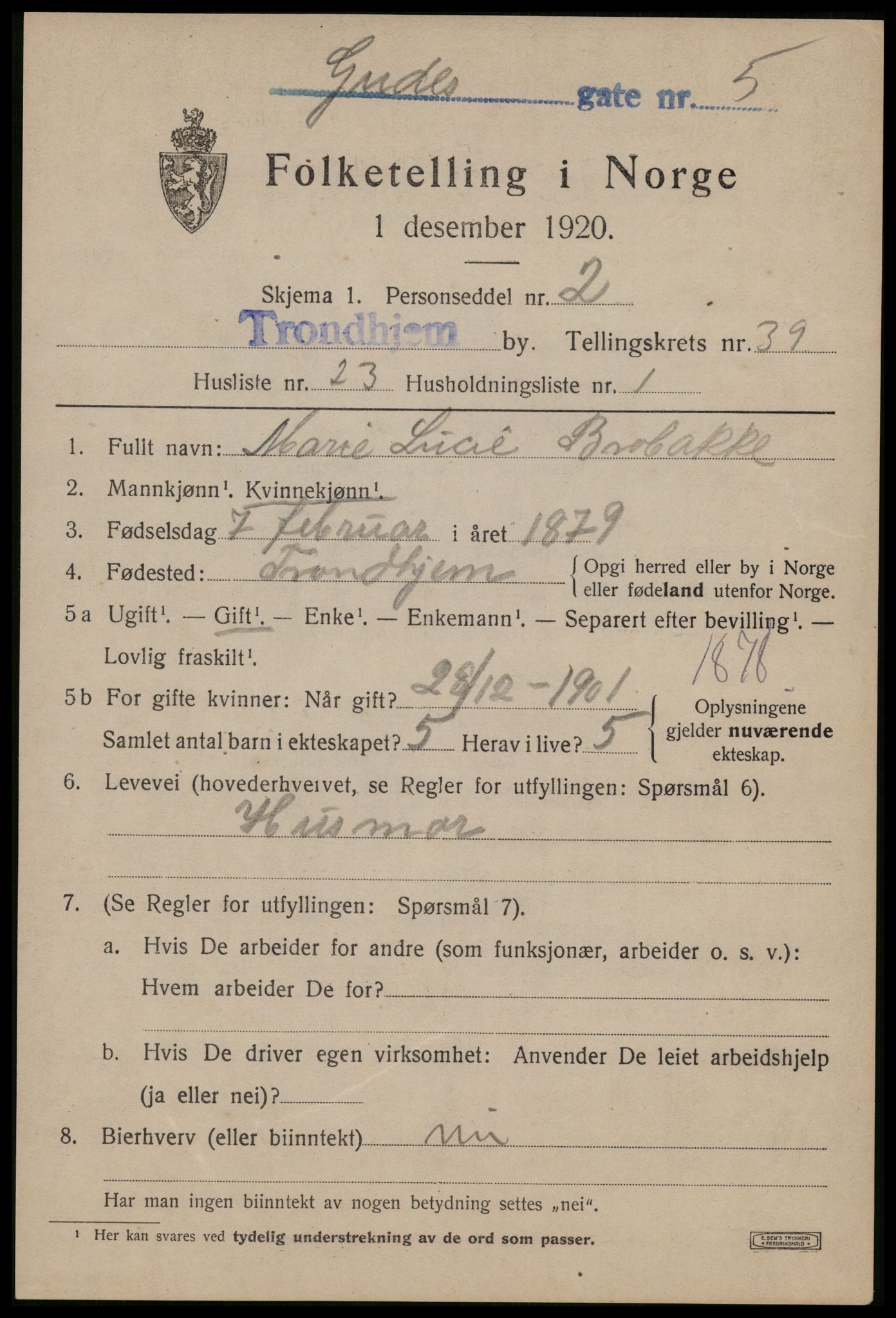 SAT, 1920 census for Trondheim, 1920, p. 88614