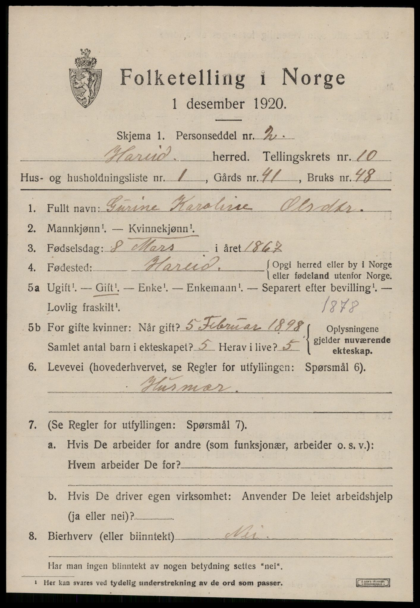 SAT, 1920 census for Hareid, 1920, p. 3521