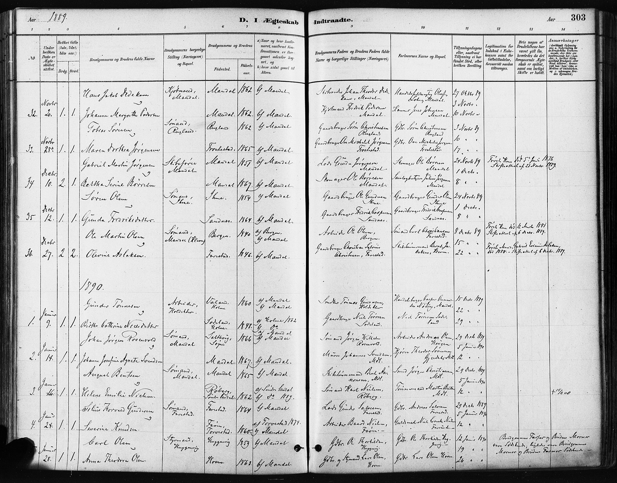 Mandal sokneprestkontor, SAK/1111-0030/F/Fa/Faa/L0016: Parish register (official) no. A 16, 1880-1890, p. 303