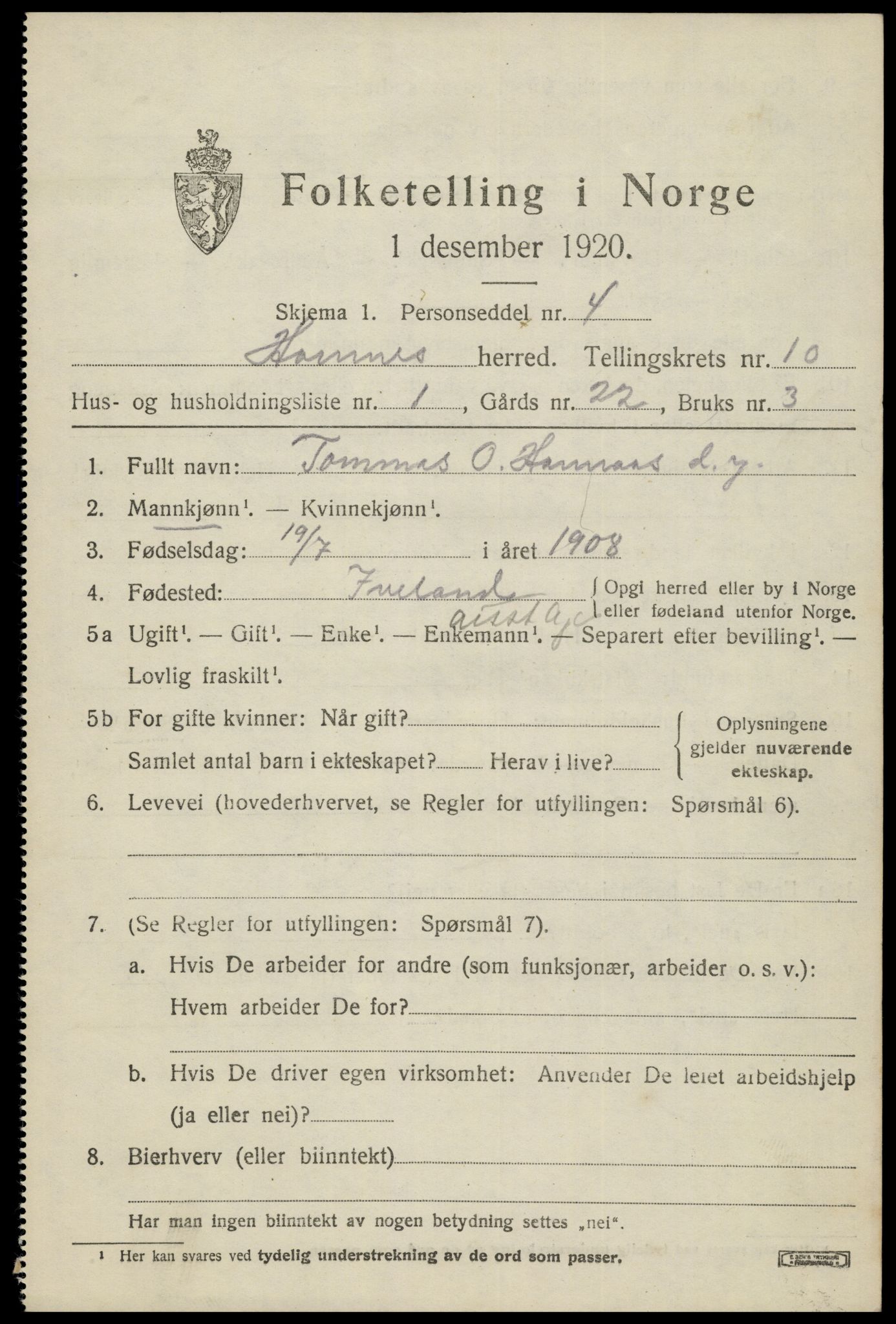 SAK, 1920 census for Hornnes, 1920, p. 2513