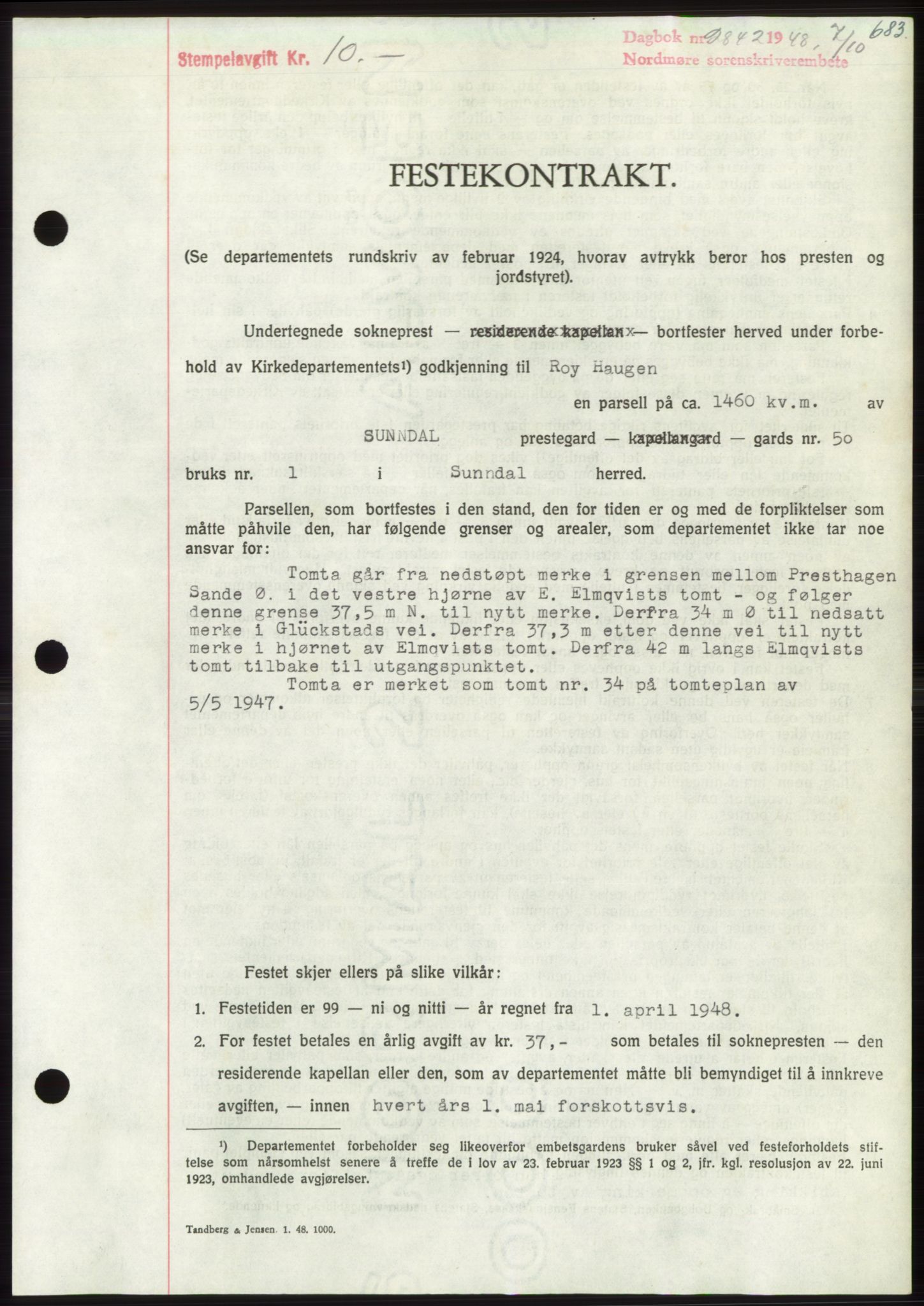 Nordmøre sorenskriveri, AV/SAT-A-4132/1/2/2Ca: Mortgage book no. B99, 1948-1948, Diary no: : 2842/1948